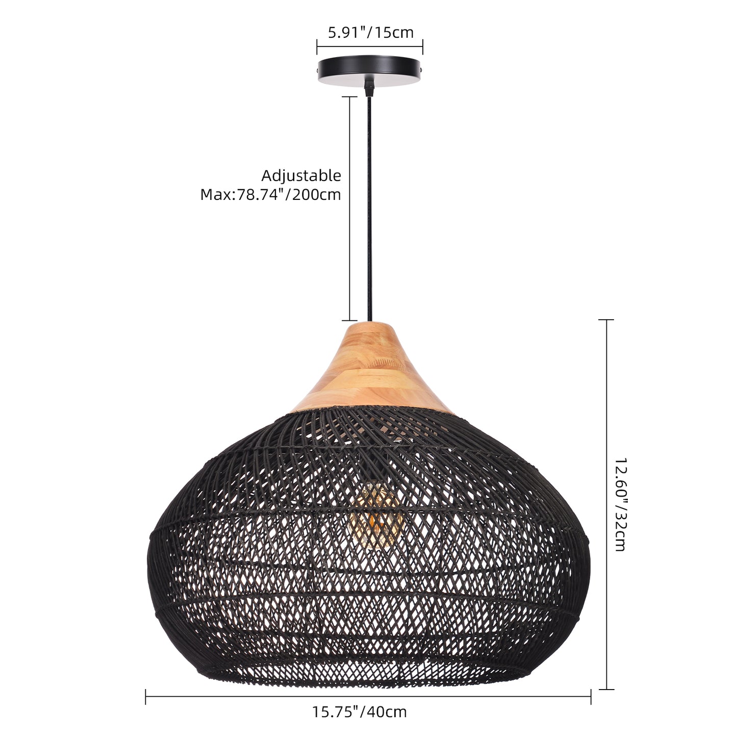 (X) Black Handcrafted Rattan Gourd Shaped Chandelier, Natural Modern Minimalist Lamps for Bedroom and Living Room