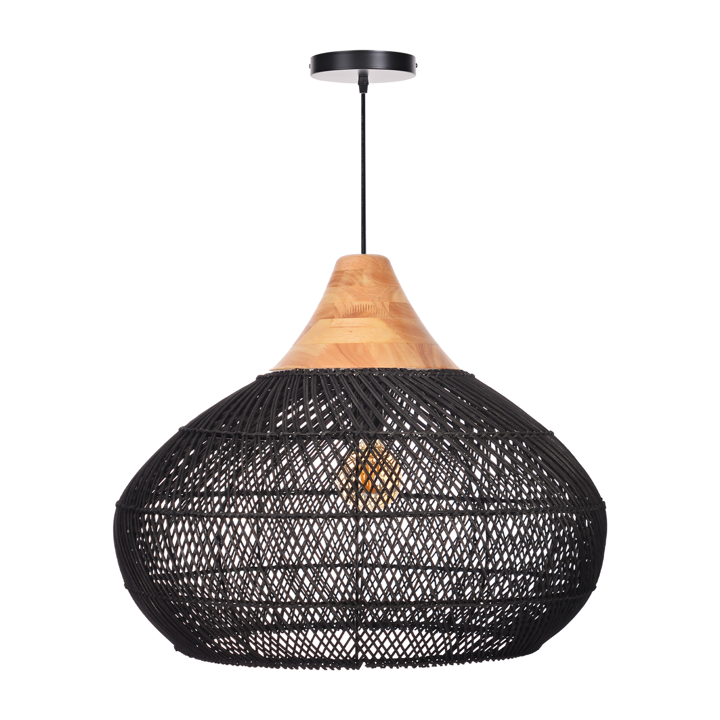 (X) Black Handcrafted Rattan Gourd Shaped Chandelier, Natural Modern Minimalist Lamps for Bedroom and Living Room