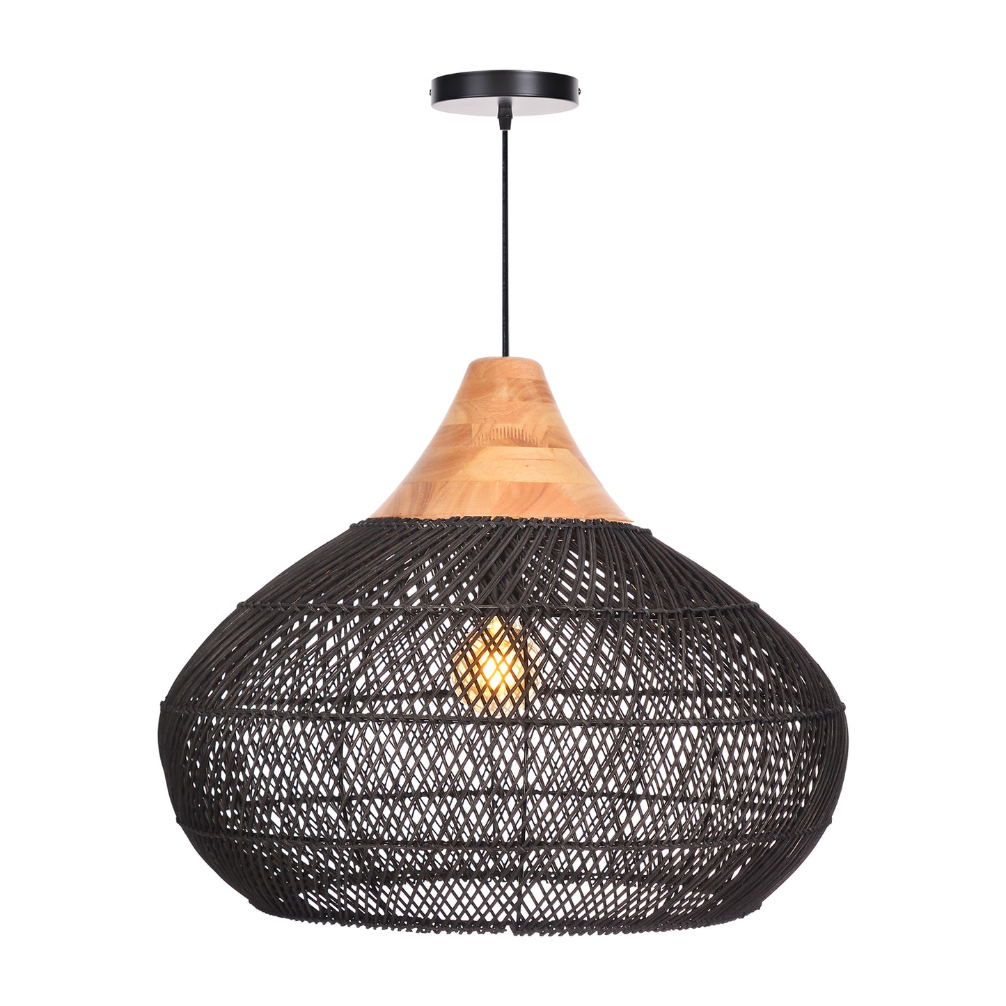 (X) Black Handcrafted Rattan Gourd Shaped Chandelier, Natural Modern Minimalist Lamps for Bedroom and Living Room