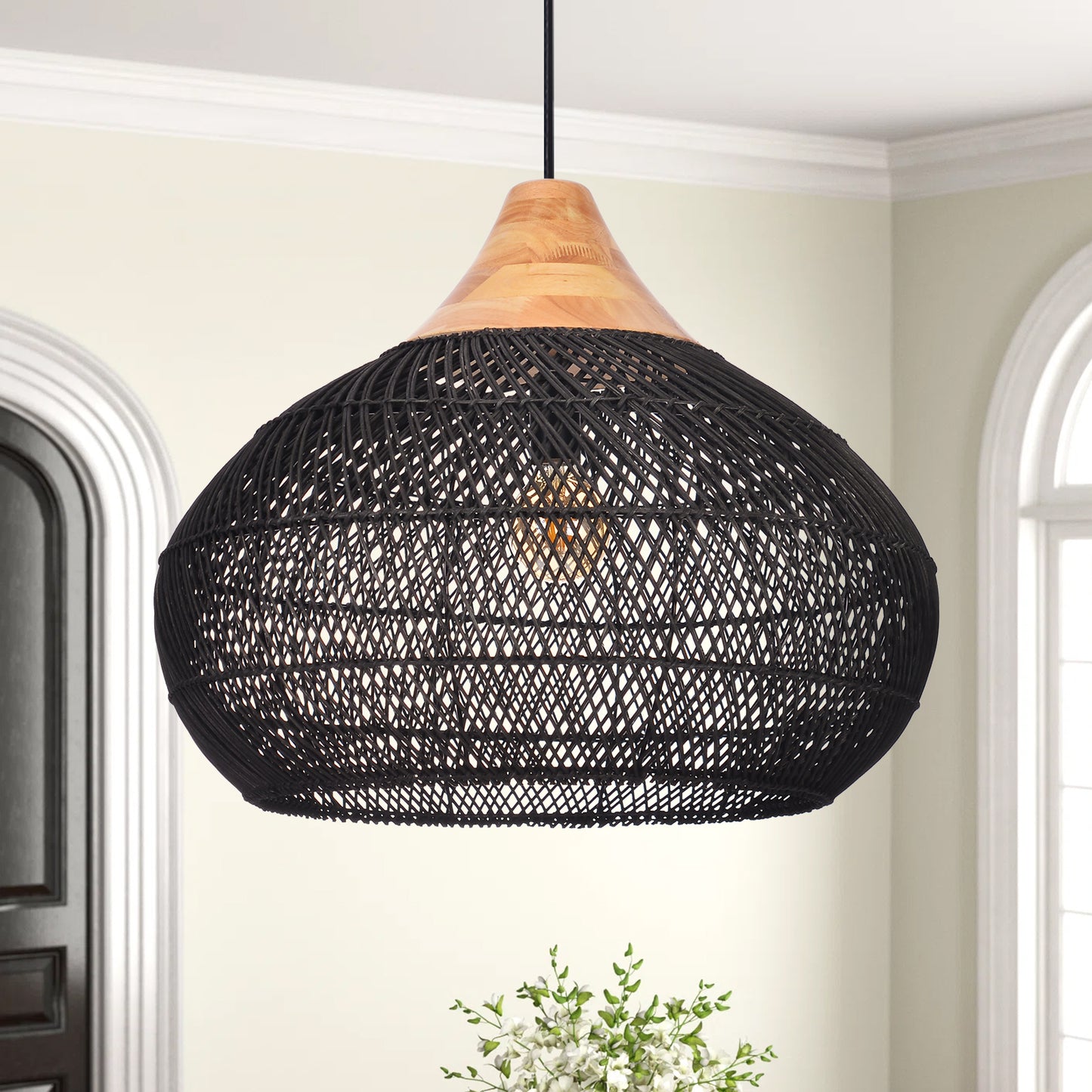(X) Black Handcrafted Rattan Gourd Shaped Chandelier, Natural Modern Minimalist Lamps for Bedroom and Living Room