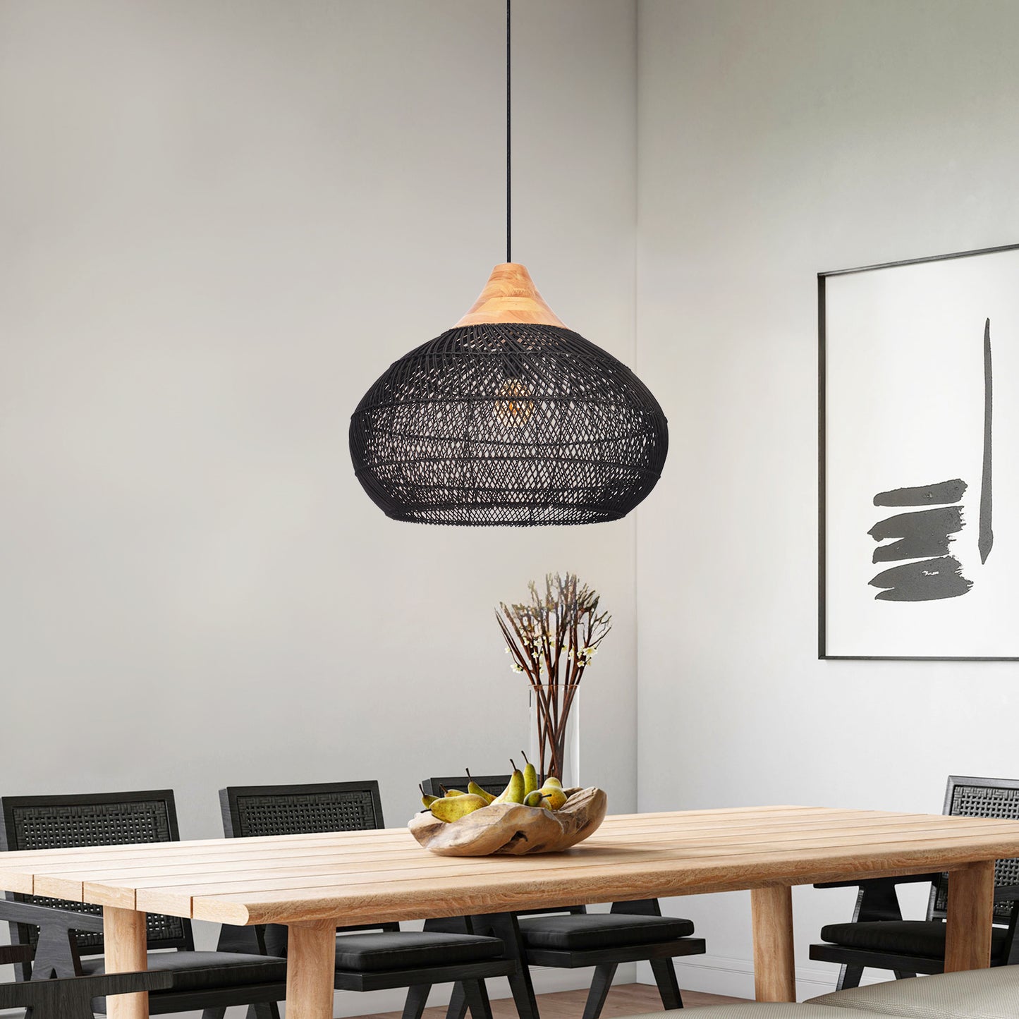 (X) Black Handcrafted Rattan Gourd Shaped Chandelier, Natural Modern Minimalist Lamps for Bedroom and Living Room