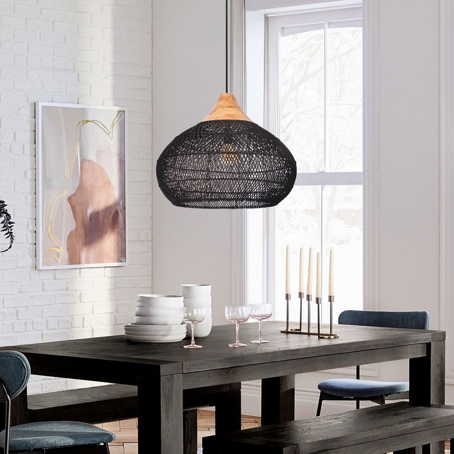 (X) Black Handcrafted Rattan Gourd Shaped Chandelier, Natural Modern Minimalist Lamps for Bedroom and Living Room