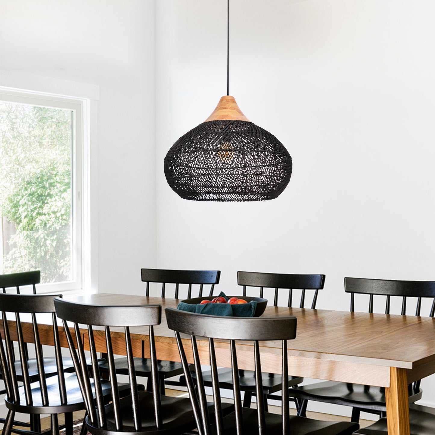 (X) Black Handcrafted Rattan Gourd Shaped Chandelier, Natural Modern Minimalist Lamps for Bedroom and Living Room