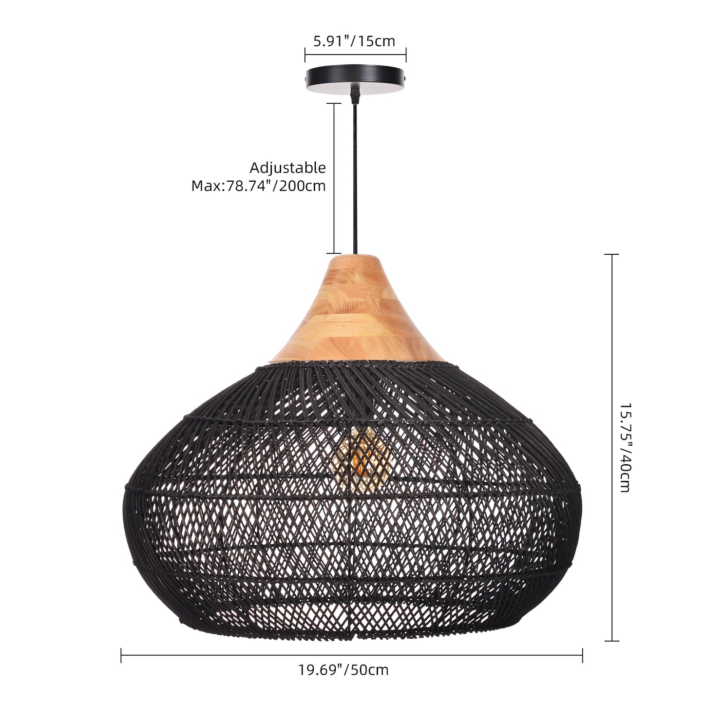 (X) Black Handcrafted Rattan Gourd Shaped Chandelier, Natural Modern Minimalist Lamps for Bedroom and Living Room