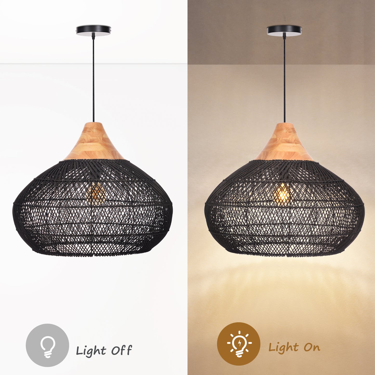 (X) Black Handcrafted Rattan Gourd Shaped Chandelier, Natural Modern Minimalist Lamps for Bedroom and Living Room
