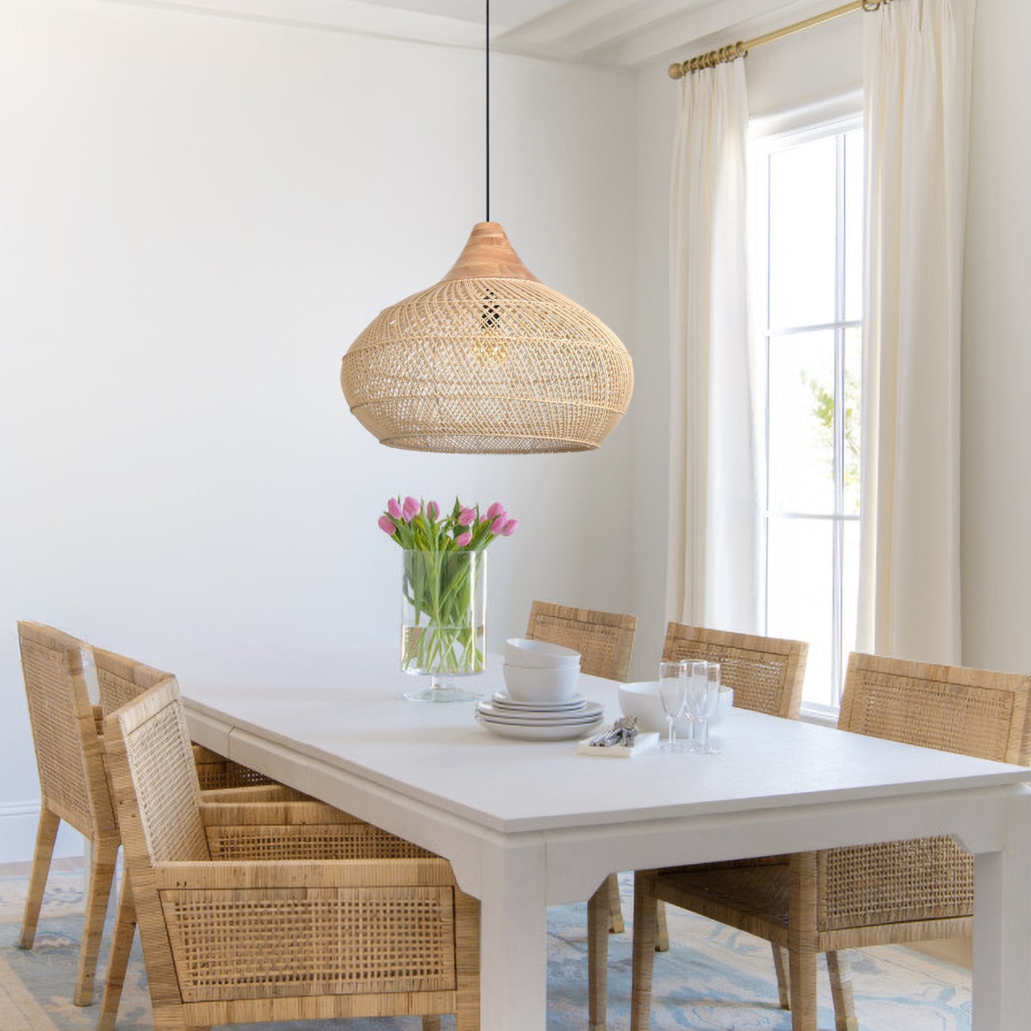 (X) Handcrafted Rattan Gourd Shaped Chandelier, Natural Modern Minimalist Lamps for Bedroom and Living Room