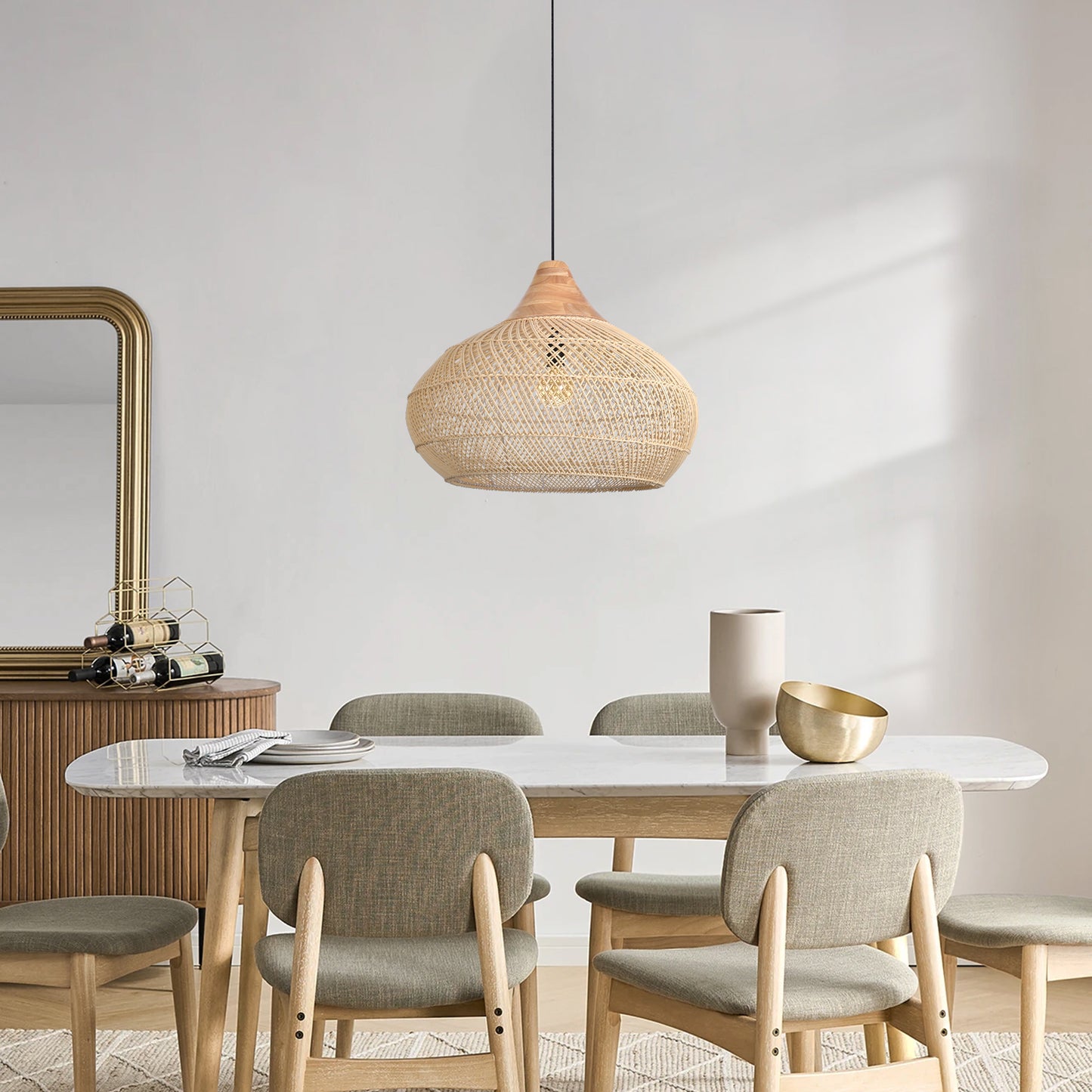 (X) Handcrafted Rattan Gourd Shaped Chandelier, Natural Modern Minimalist Lamps for Bedroom and Living Room