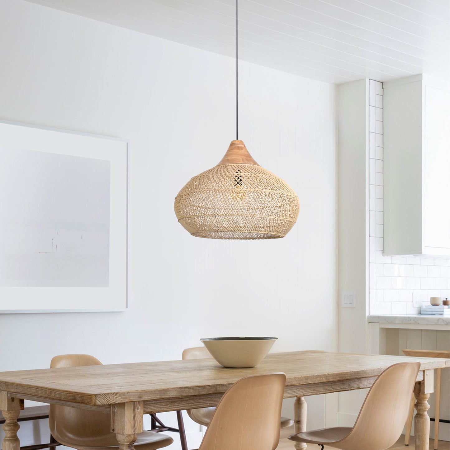 (X) Handcrafted Rattan Gourd Shaped Chandelier, Natural Modern Minimalist Lamps for Bedroom and Living Room