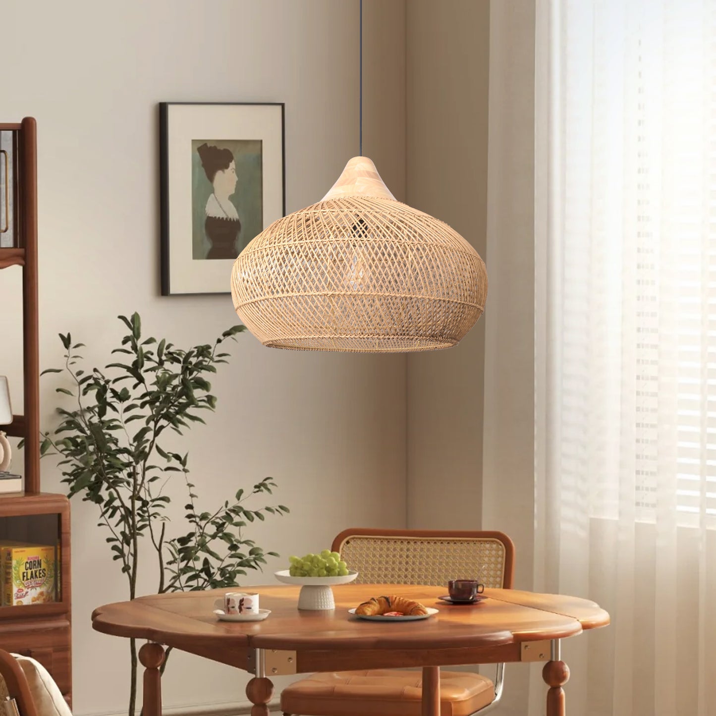 (X) Handcrafted Rattan Gourd Shaped Chandelier, Natural Modern Minimalist Lamps for Bedroom and Living Room