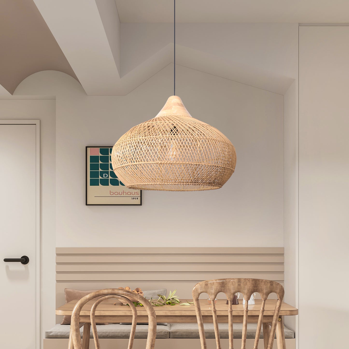(X) Handcrafted Rattan Gourd Shaped Chandelier, Natural Modern Minimalist Lamps for Bedroom and Living Room
