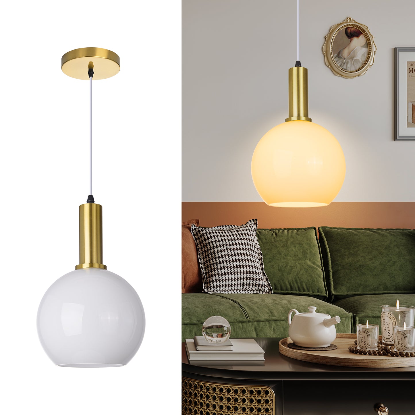 (Q) Milky White Glass Pendant Light, Modern Style Spherical Pendant Light, Suitable For Bedrooms, Living Rooms, Dining Rooms