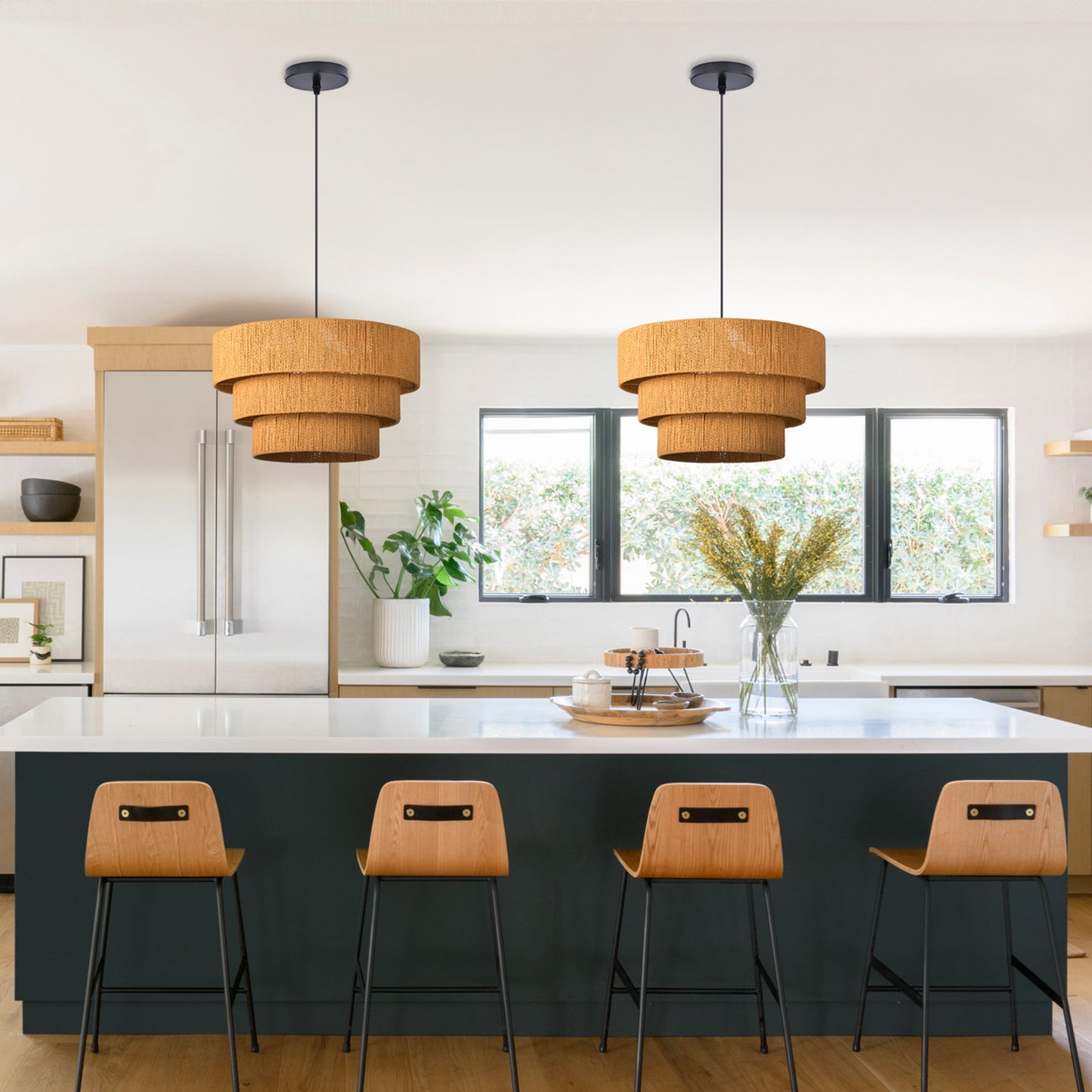 (Q)15.75-Inch Wooden Pendant Light,3-Layer Drum Shaped Lampshade,Modern Nordic Style Pendant Light,Luitable for Kitchen Island Restaurants