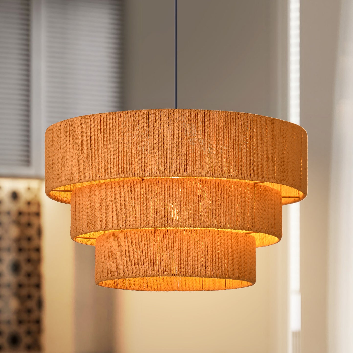 (Q)15.75-Inch Wooden Pendant Light,3-Layer Drum Shaped Lampshade,Modern Nordic Style Pendant Light,Luitable for Kitchen Island Restaurants