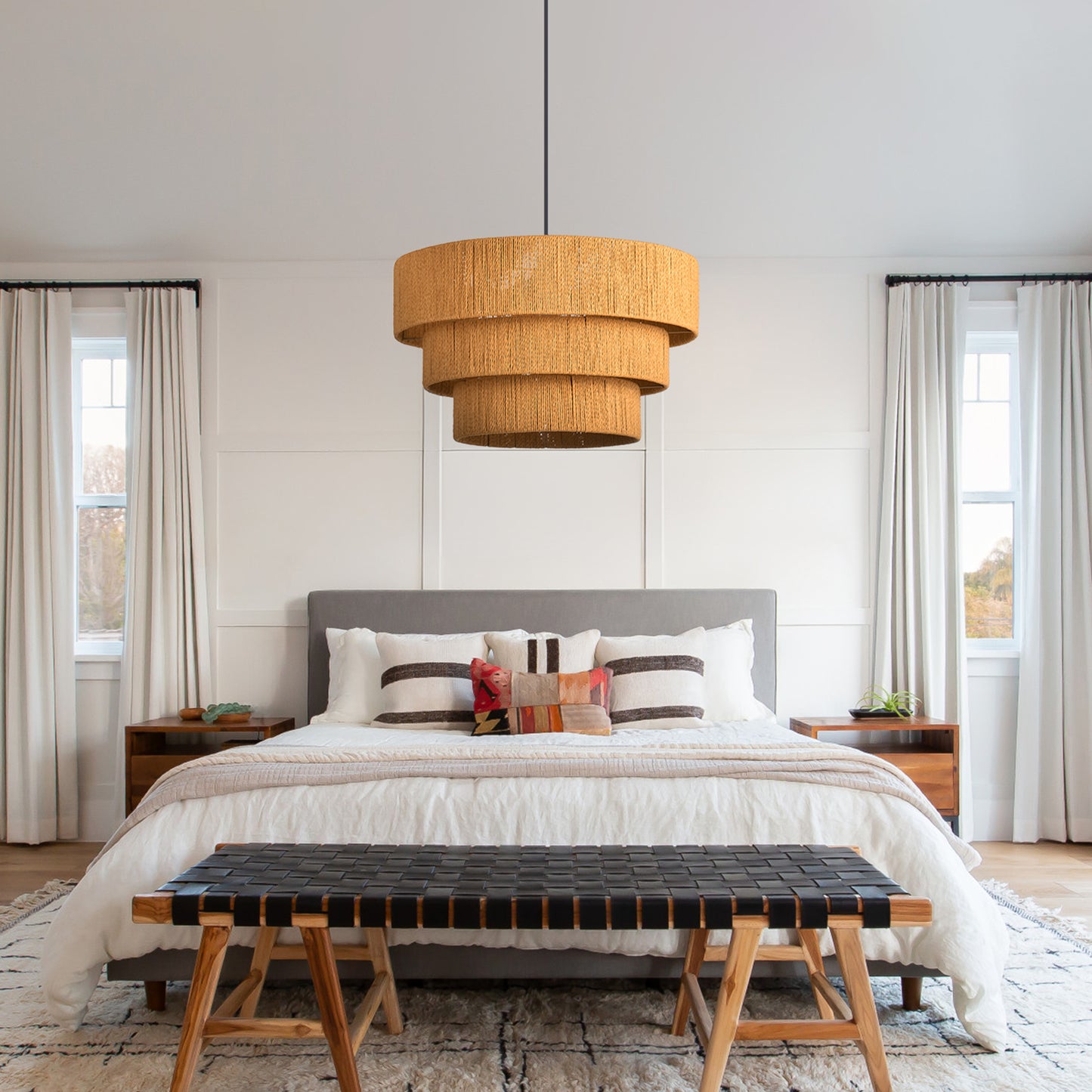 (Q)15.75-Inch Wooden Pendant Light,3-Layer Drum Shaped Lampshade,Modern Nordic Style Pendant Light,Luitable for Kitchen Island Restaurants