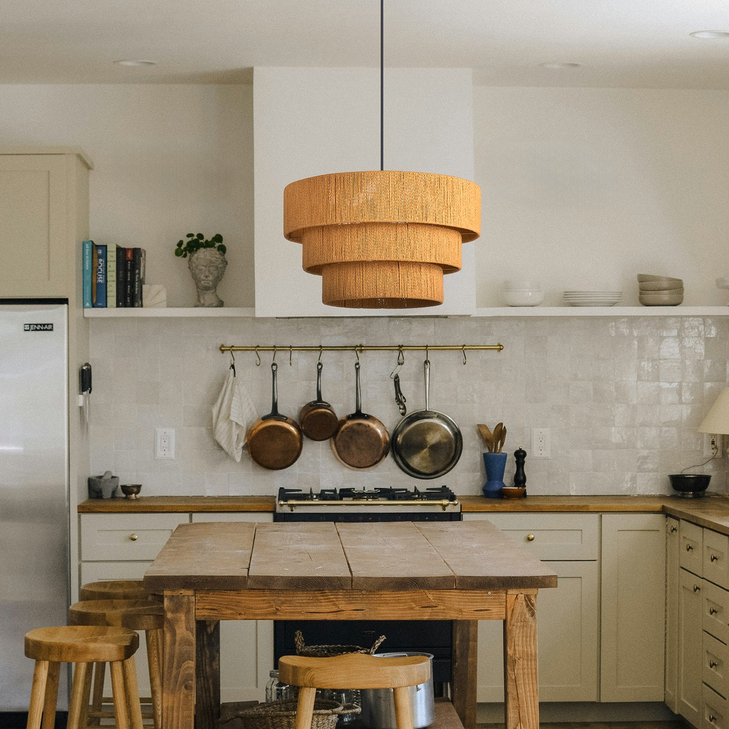 (Q)15.75-Inch Wooden Pendant Light,3-Layer Drum Shaped Lampshade,Modern Nordic Style Pendant Light,Luitable for Kitchen Island Restaurants