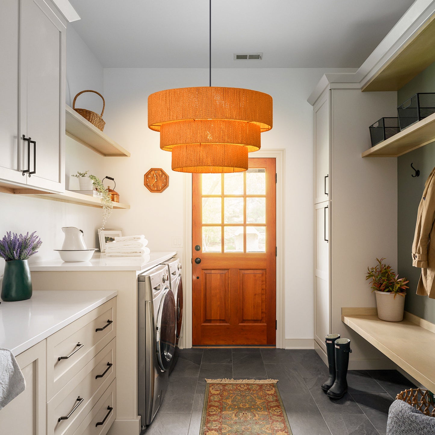 (Q)15.75-Inch Wooden Pendant Light,3-Layer Drum Shaped Lampshade,Modern Nordic Style Pendant Light,Luitable for Kitchen Island Restaurants