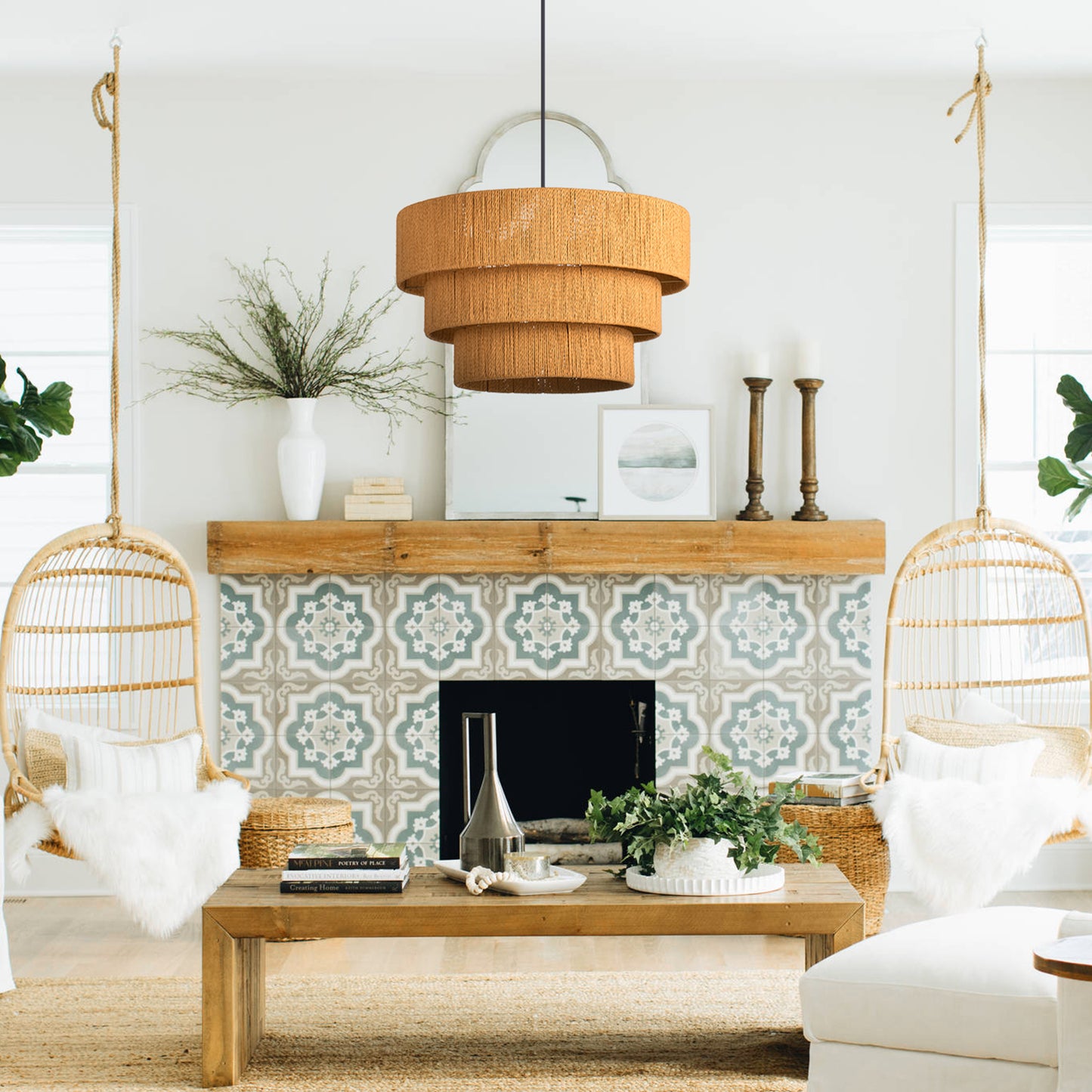 (Q)15.75-Inch Wooden Pendant Light,3-Layer Drum Shaped Lampshade,Modern Nordic Style Pendant Light,Luitable for Kitchen Island Restaurants