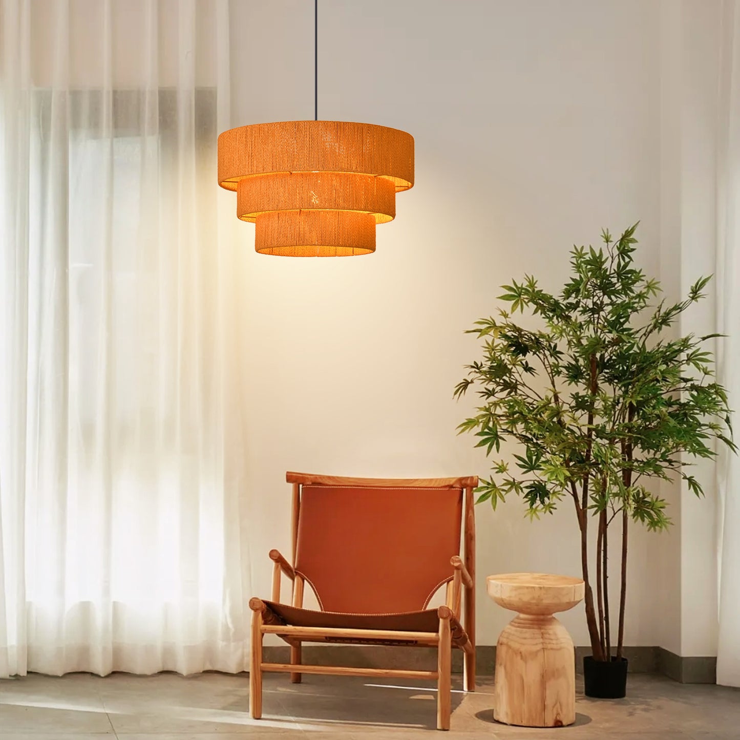 (Q)15.75-Inch Wooden Pendant Light,3-Layer Drum Shaped Lampshade,Modern Nordic Style Pendant Light,Luitable for Kitchen Island Restaurants