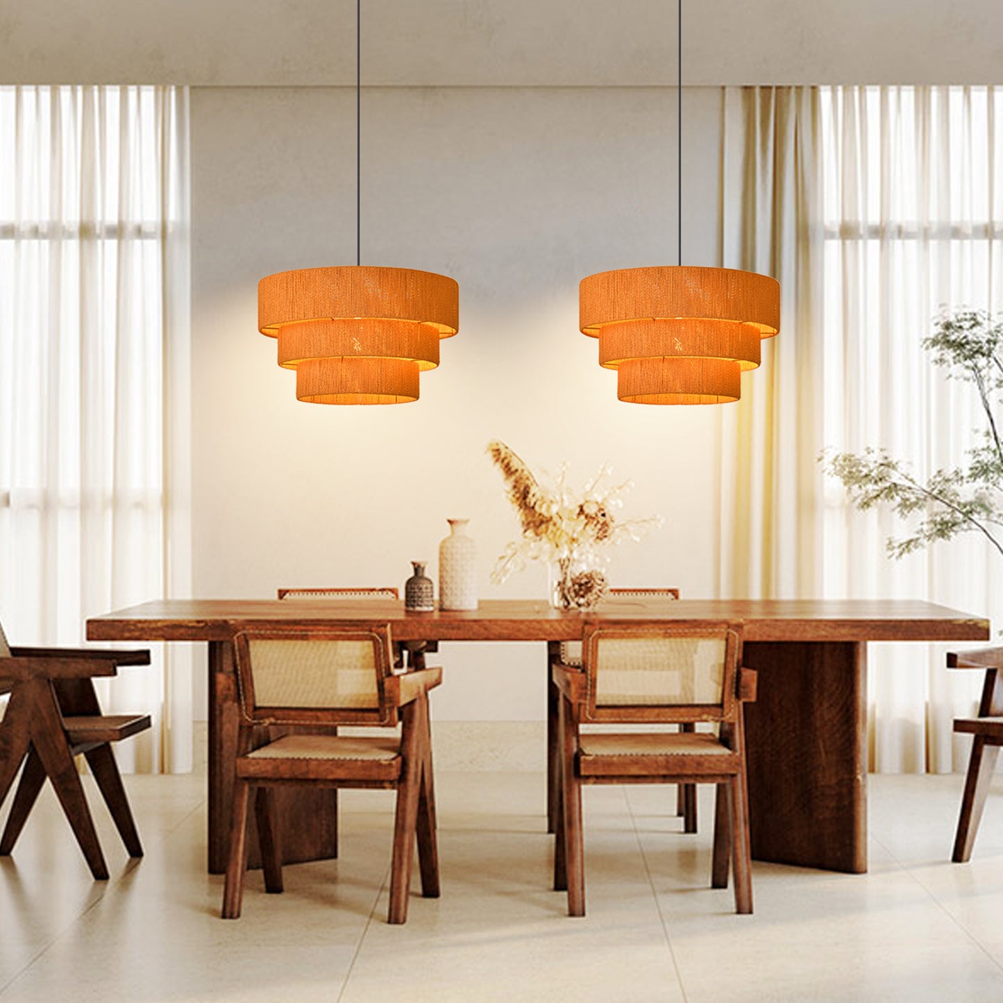 (Q)15.75-Inch Wooden Pendant Light,3-Layer Drum Shaped Lampshade,Modern Nordic Style Pendant Light,Luitable for Kitchen Island Restaurants