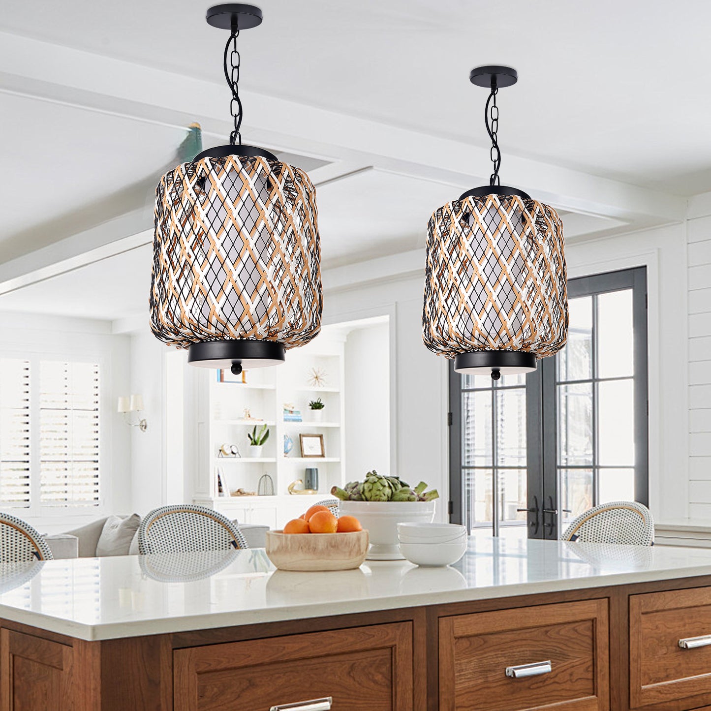 (Q)Outdoor Waterproof Rattan Decorative Pendant Light,Modern Minimalist Style Pendant light, Suitable for Living Room, Dining Room, Bedroom