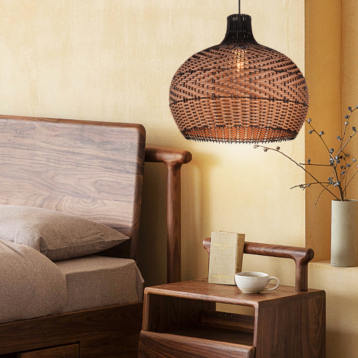 (Q)15.75 Inch Woven Rattan Pendant Light,Retro Style Creative Lantern Lampshade,Suitable for Living Room,Bedroom,Bining room, Farmhouse