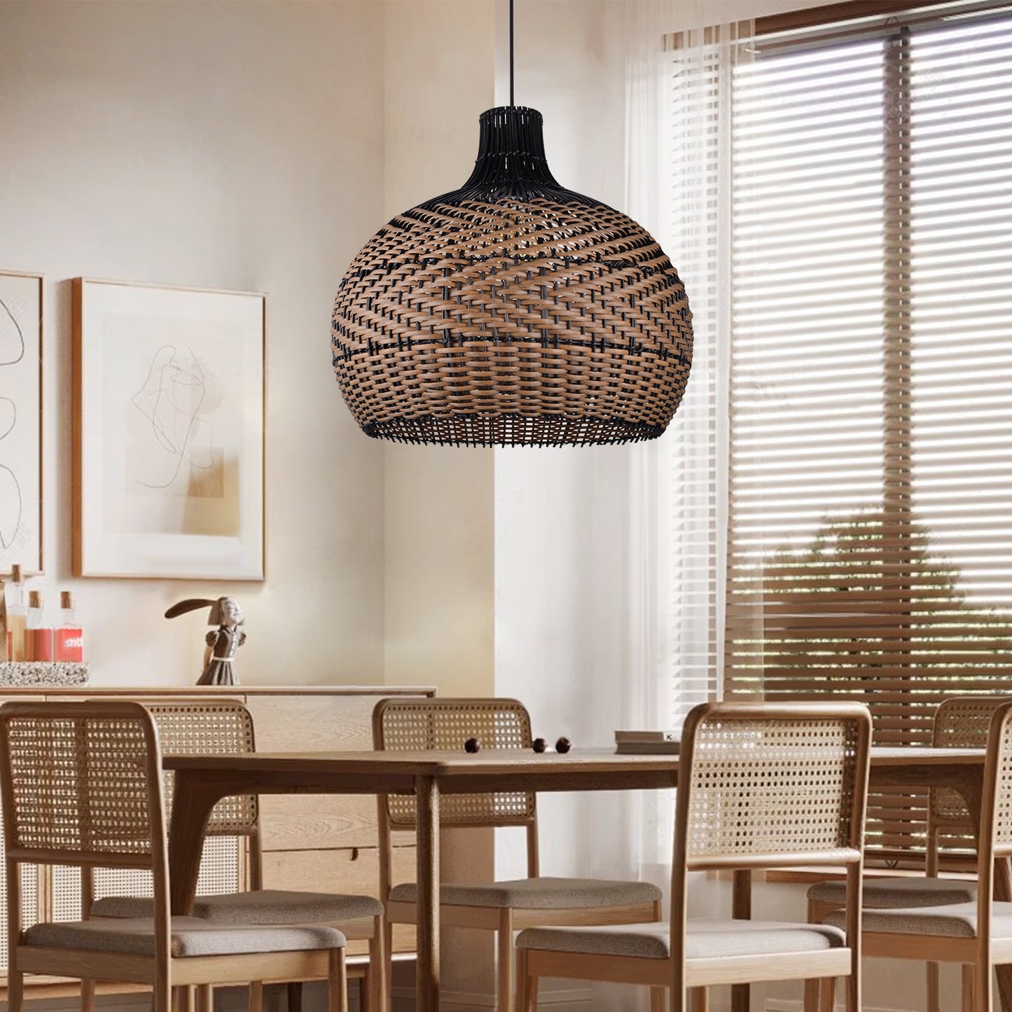 (Q)15.75 Inch Woven Rattan Pendant Light,Retro Style Creative Lantern Lampshade,Suitable for Living Room,Bedroom,Bining room, Farmhouse