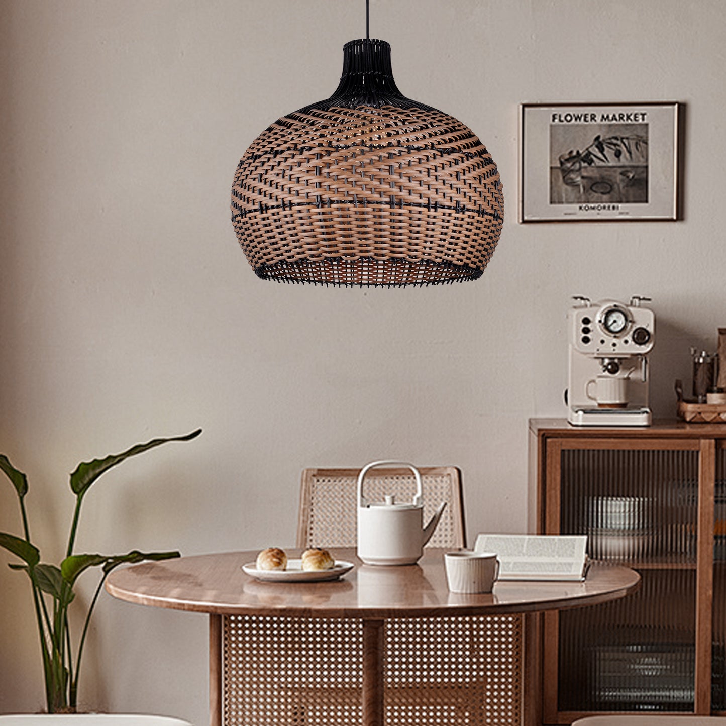 (Q)15.75 Inch Woven Rattan Pendant Light,Retro Style Creative Lantern Lampshade,Suitable for Living Room,Bedroom,Bining room, Farmhouse
