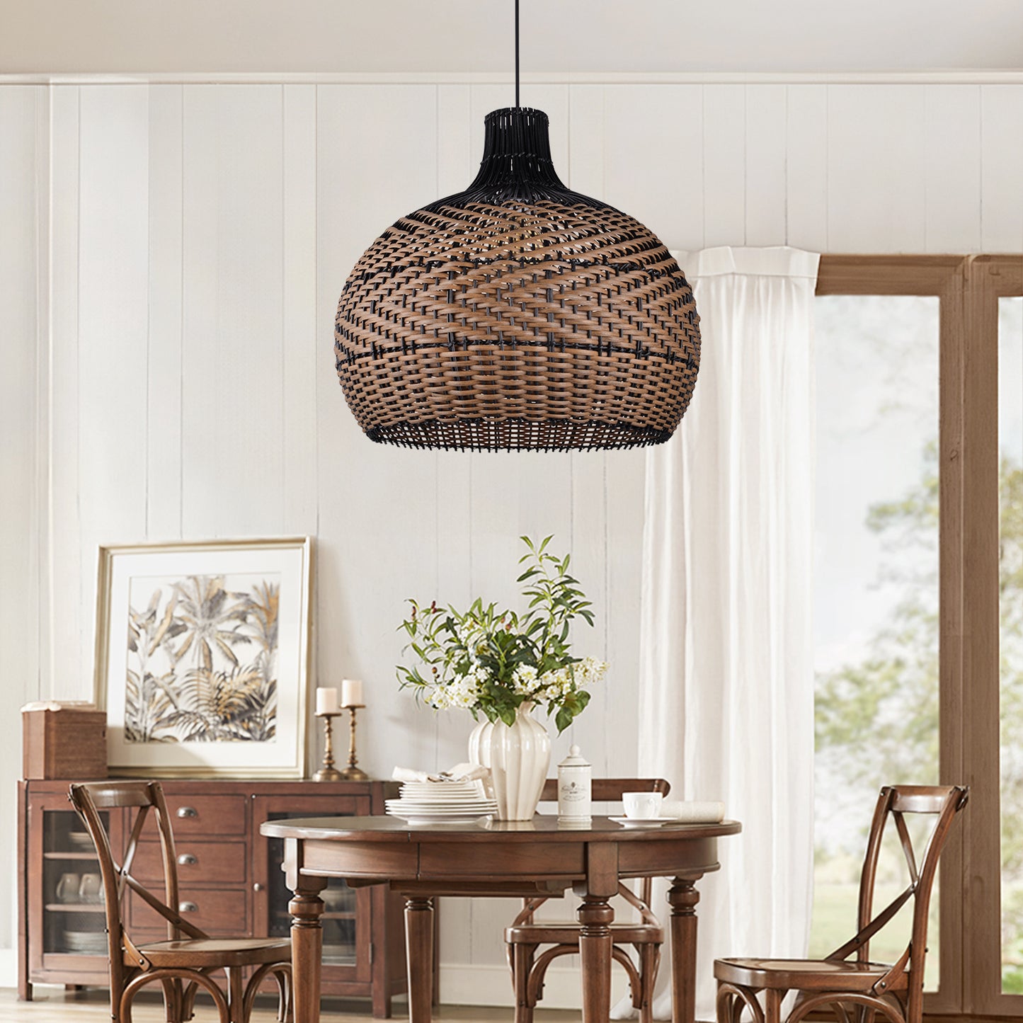 (Q)15.75 Inch Woven Rattan Pendant Light,Retro Style Creative Lantern Lampshade,Suitable for Living Room,Bedroom,Bining room, Farmhouse