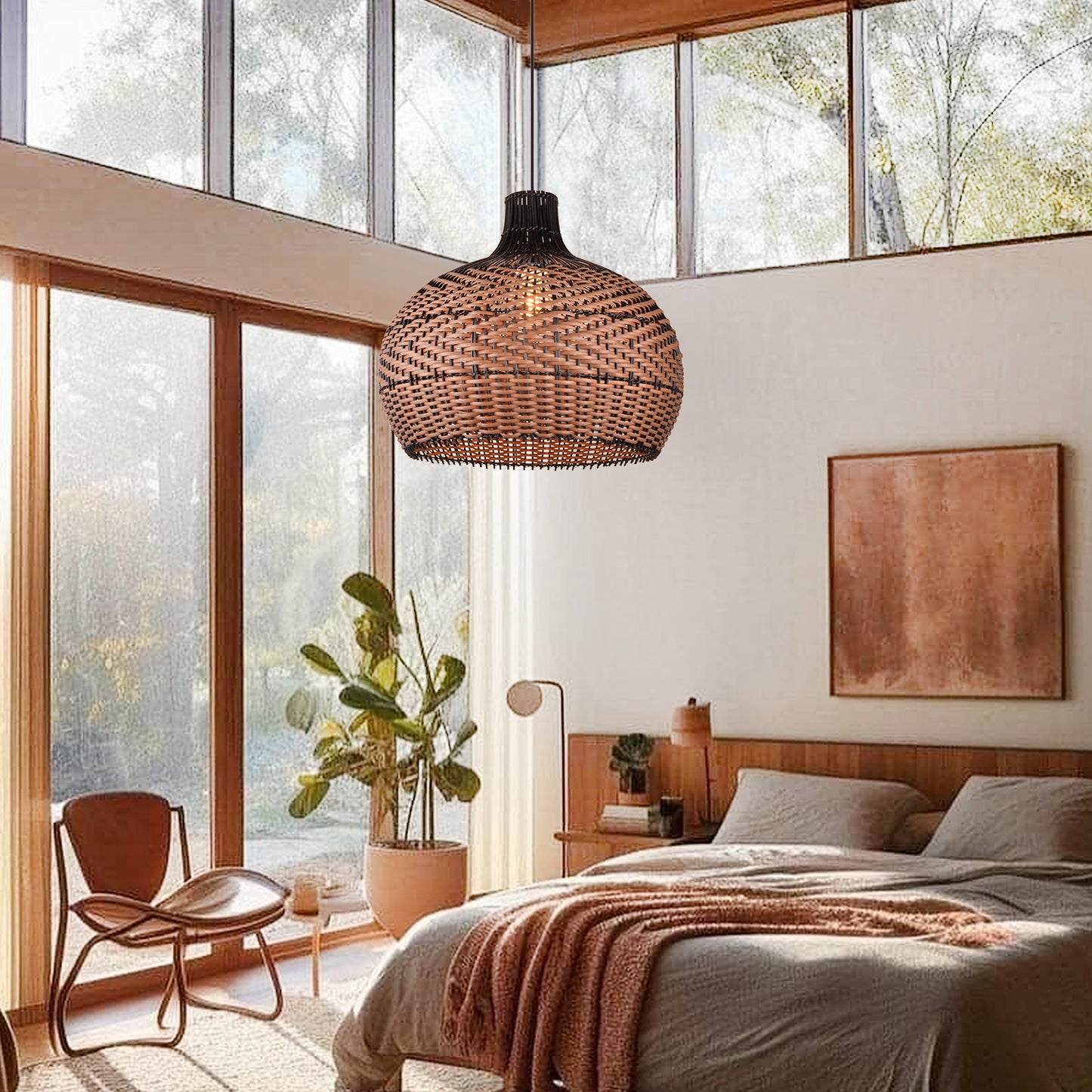 (Q)15.75 Inch Woven Rattan Pendant Light,Retro Style Creative Lantern Lampshade,Suitable for Living Room,Bedroom,Bining room, Farmhouse