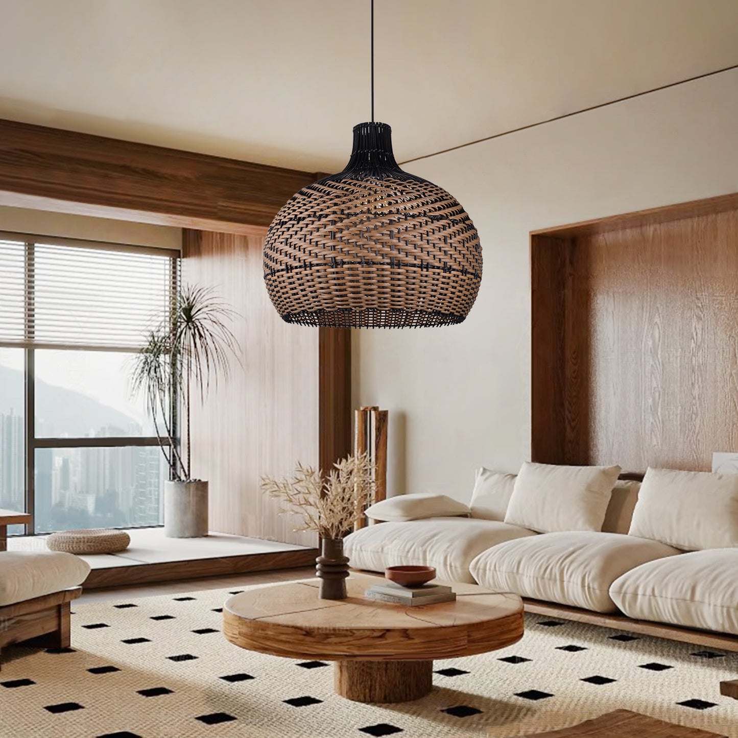 (Q)15.75 Inch Woven Rattan Pendant Light,Retro Style Creative Lantern Lampshade,Suitable for Living Room,Bedroom,Bining room, Farmhouse