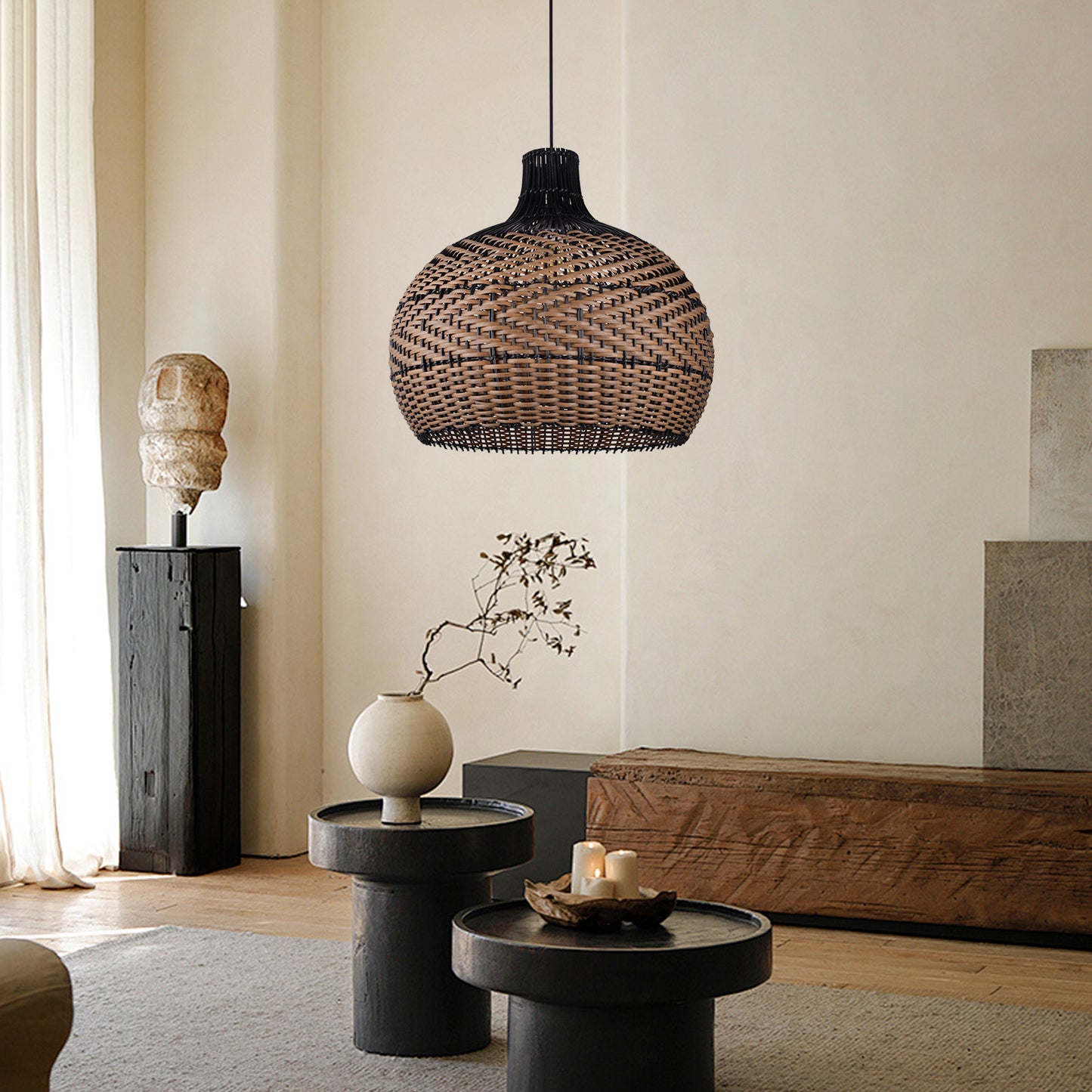 (Q)15.75 Inch Woven Rattan Pendant Light,Retro Style Creative Lantern Lampshade,Suitable for Living Room,Bedroom,Bining room, Farmhouse