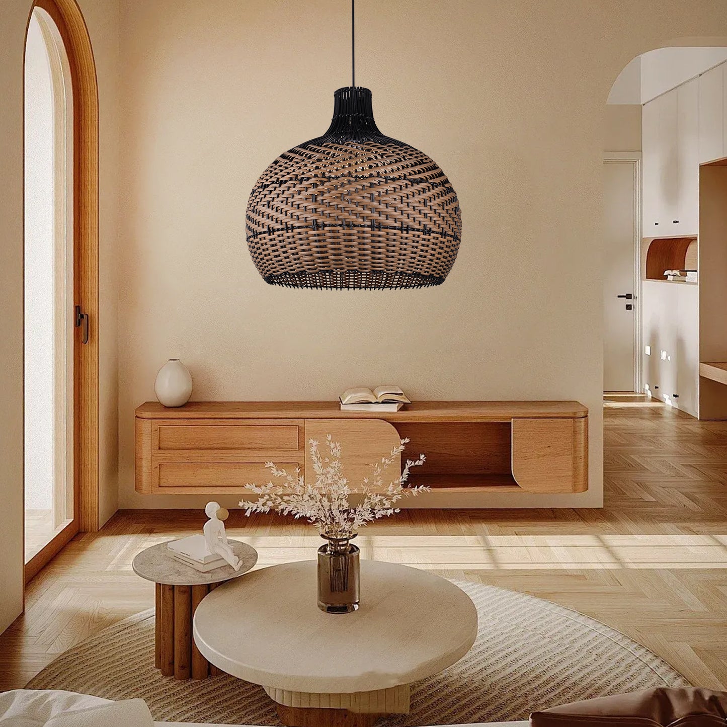 (Q)15.75 Inch Woven Rattan Pendant Light,Retro Style Creative Lantern Lampshade,Suitable for Living Room,Bedroom,Bining room, Farmhouse