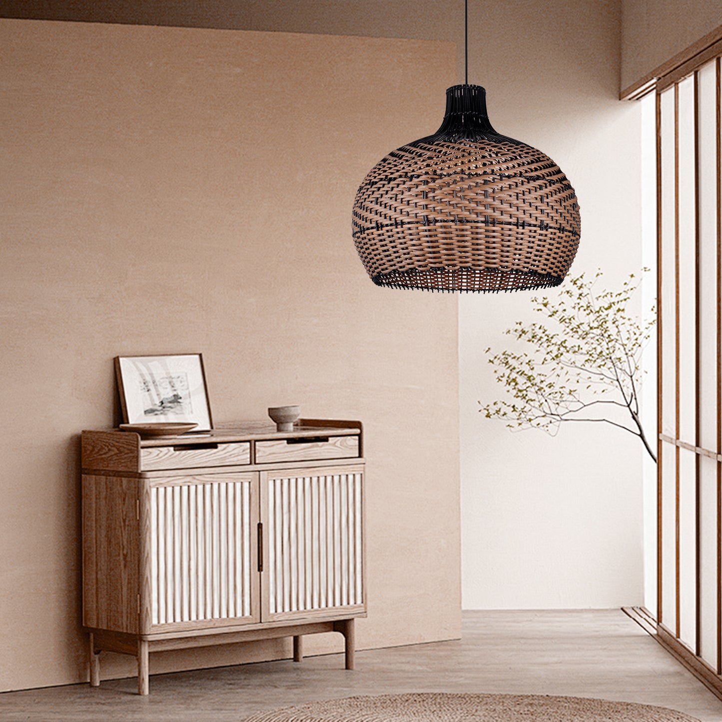 (Q)15.75 Inch Woven Rattan Pendant Light,Retro Style Creative Lantern Lampshade,Suitable for Living Room,Bedroom,Bining room, Farmhouse
