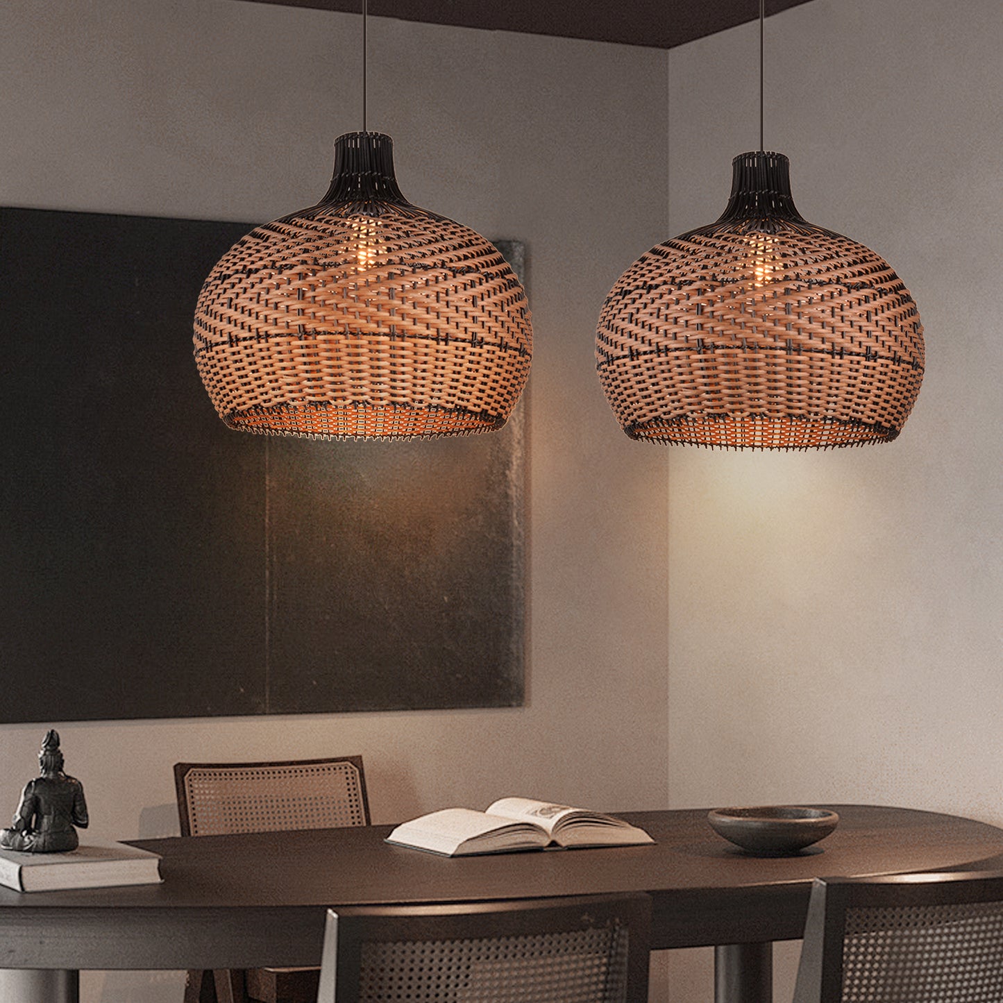 (Q)15.75 Inch Woven Rattan Pendant Light,Retro Style Creative Lantern Lampshade,Suitable for Living Room,Bedroom,Bining room, Farmhouse