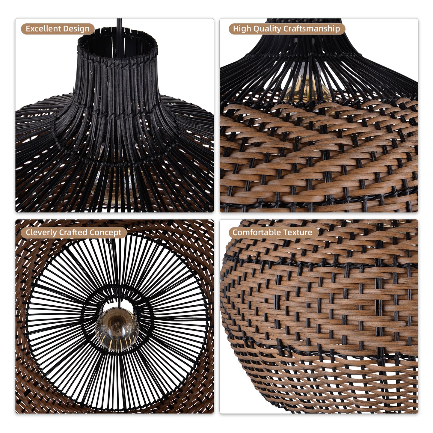 (Q)15.75 Inch Woven Rattan Pendant Light,Retro Style Creative Lantern Lampshade,Suitable for Living Room,Bedroom,Bining room, Farmhouse