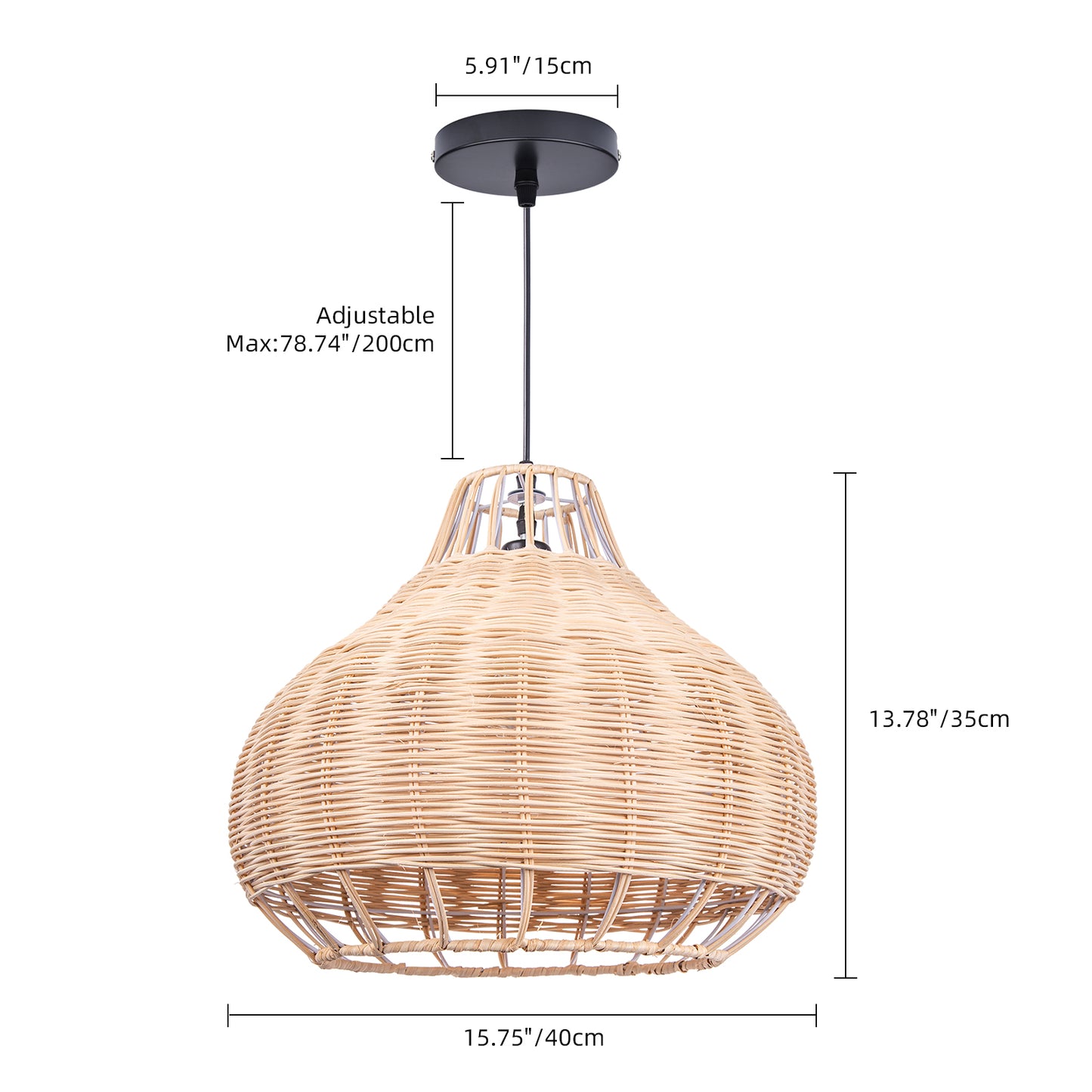 (Q)15.75 Inch Rattan Pendant Light,Bohemian Rattan Woven Pendant Light Fixture,Suitable for Kitchen Island,Farmhouse,Dining Room,Bedroom