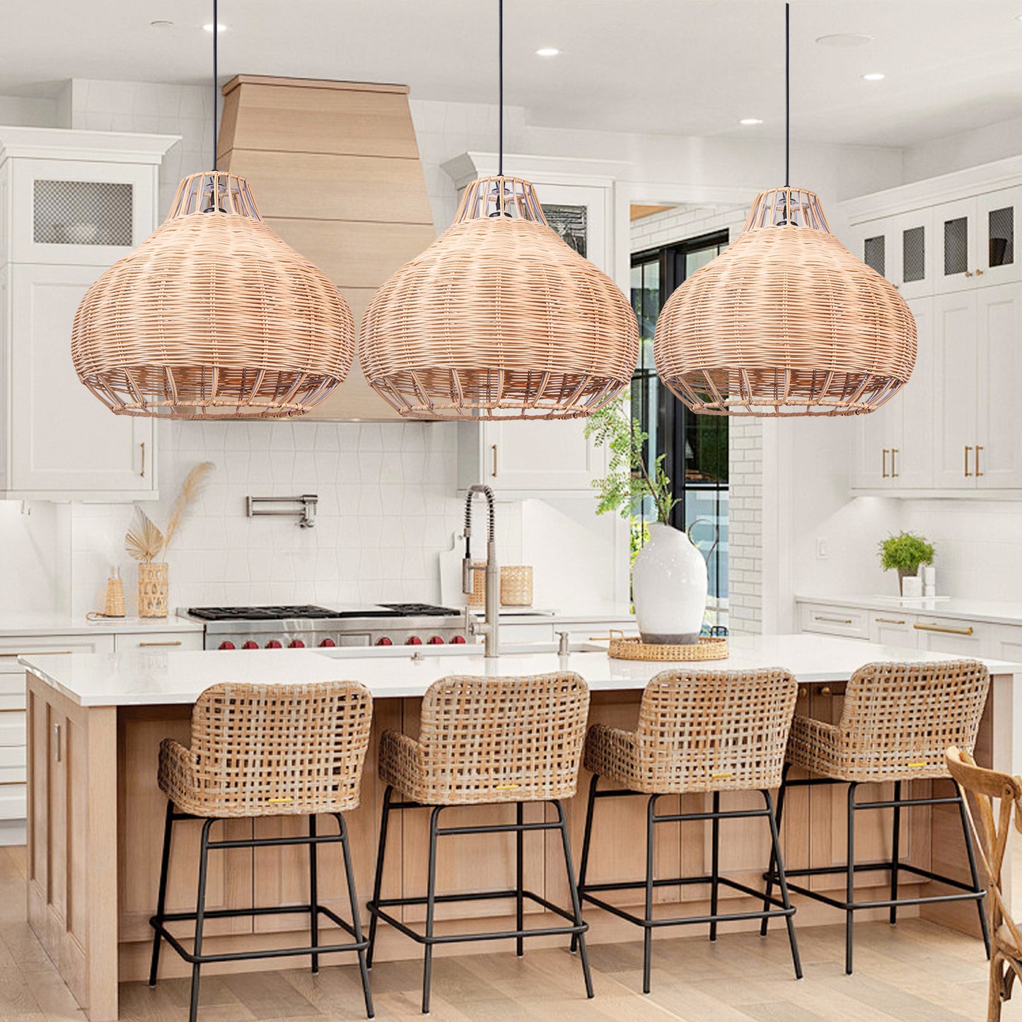 (Q)15.75 Inch Rattan Pendant Light,Bohemian Rattan Woven Pendant Light Fixture,Suitable for Kitchen Island,Farmhouse,Dining Room,Bedroom