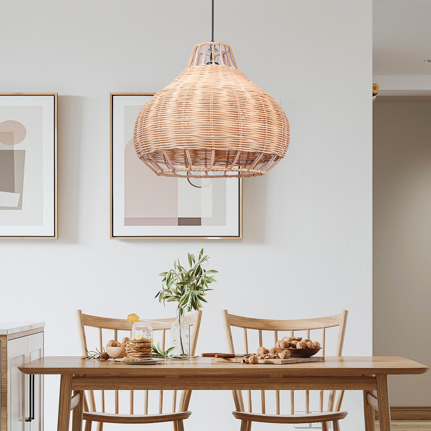 (Q)15.75 Inch Rattan Pendant Light,Bohemian Rattan Woven Pendant Light Fixture,Suitable for Kitchen Island,Farmhouse,Dining Room,Bedroom