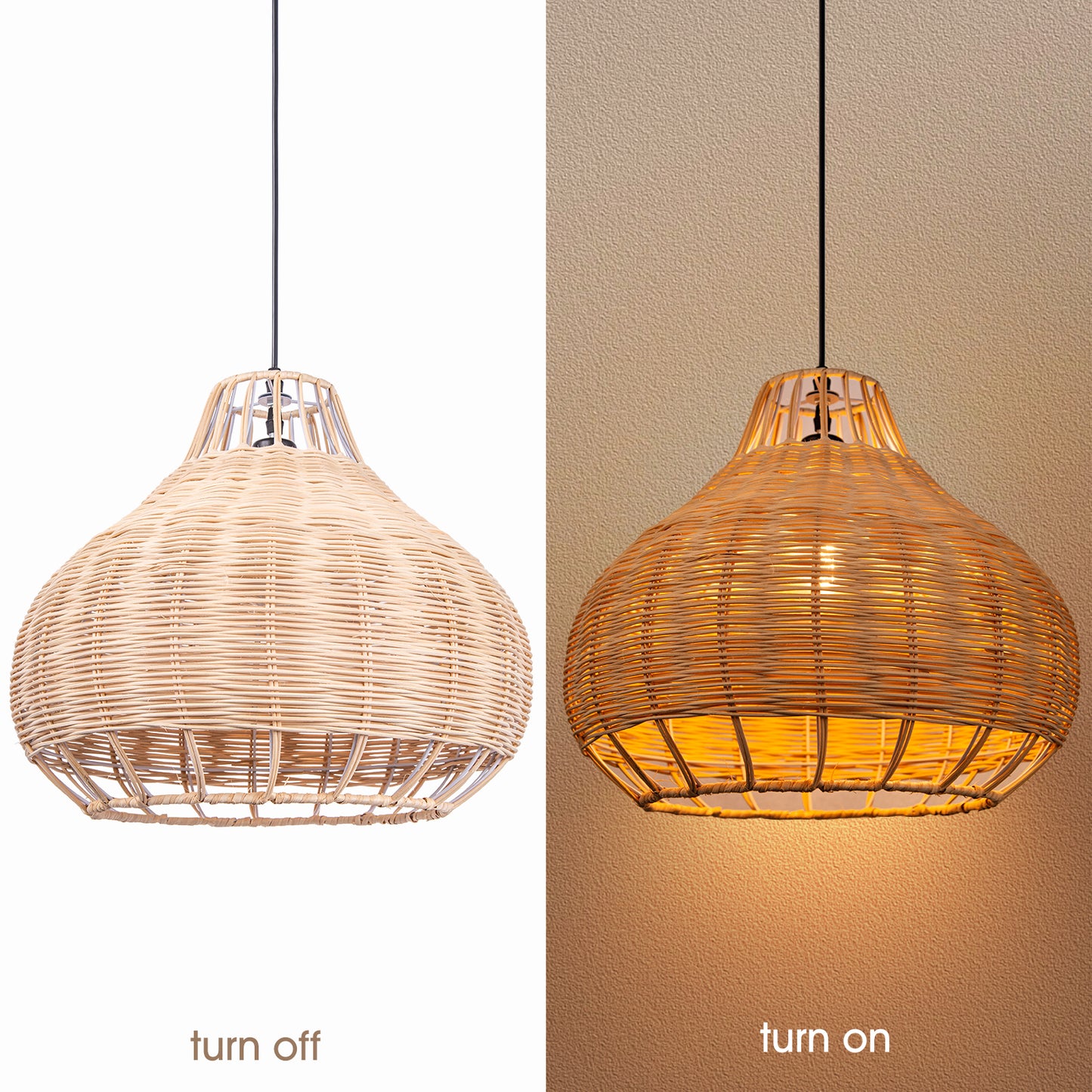 (Q)15.75 Inch Rattan Pendant Light,Bohemian Rattan Woven Pendant Light Fixture,Suitable for Kitchen Island,Farmhouse,Dining Room,Bedroom