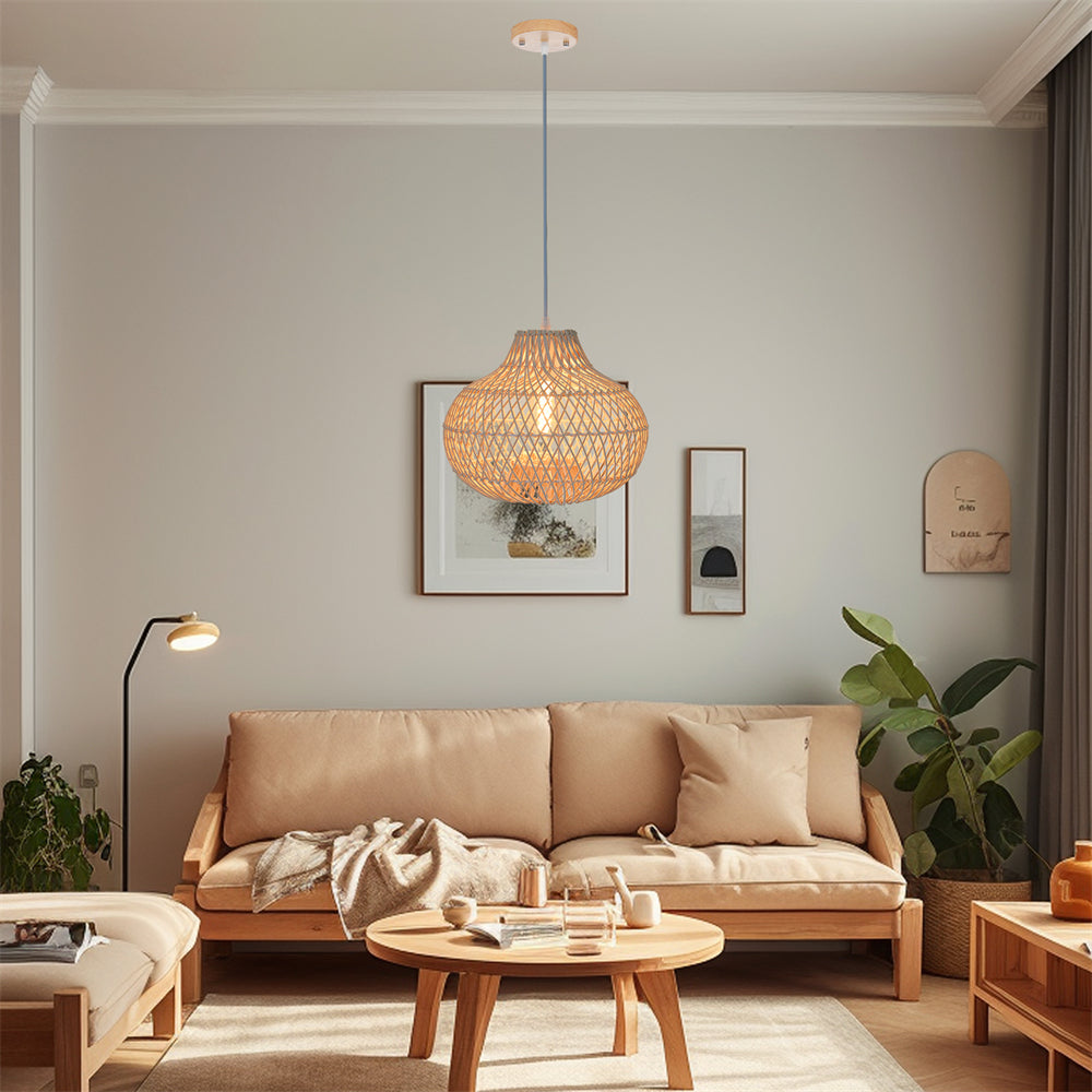 (M)1-Light Rattan Pendant Lighting Globe Handmade Lampshade for Bedroom