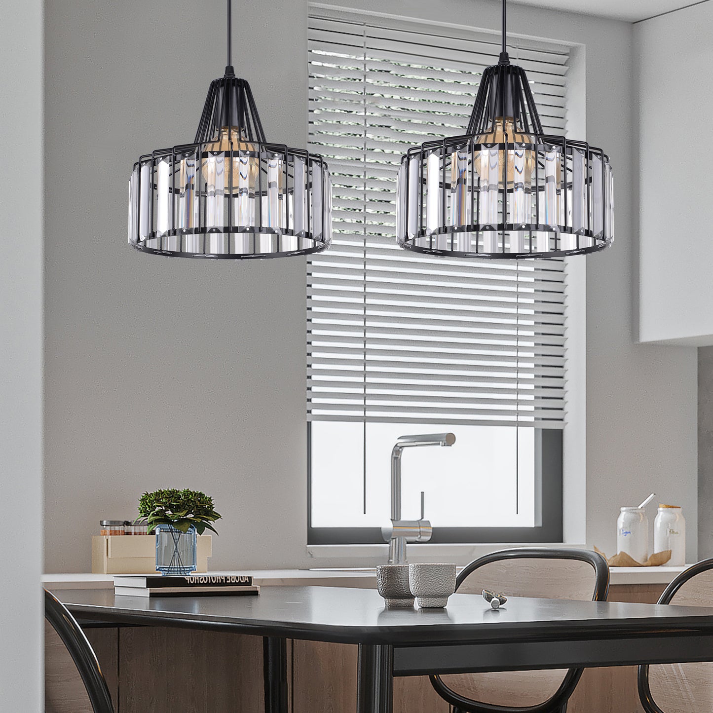 (Q)Modern Nordic Style Black Crystal Chandelier, Creative Personalized Lampshade, Suitable for Dining Rooms, Living Rooms, Kitchens
