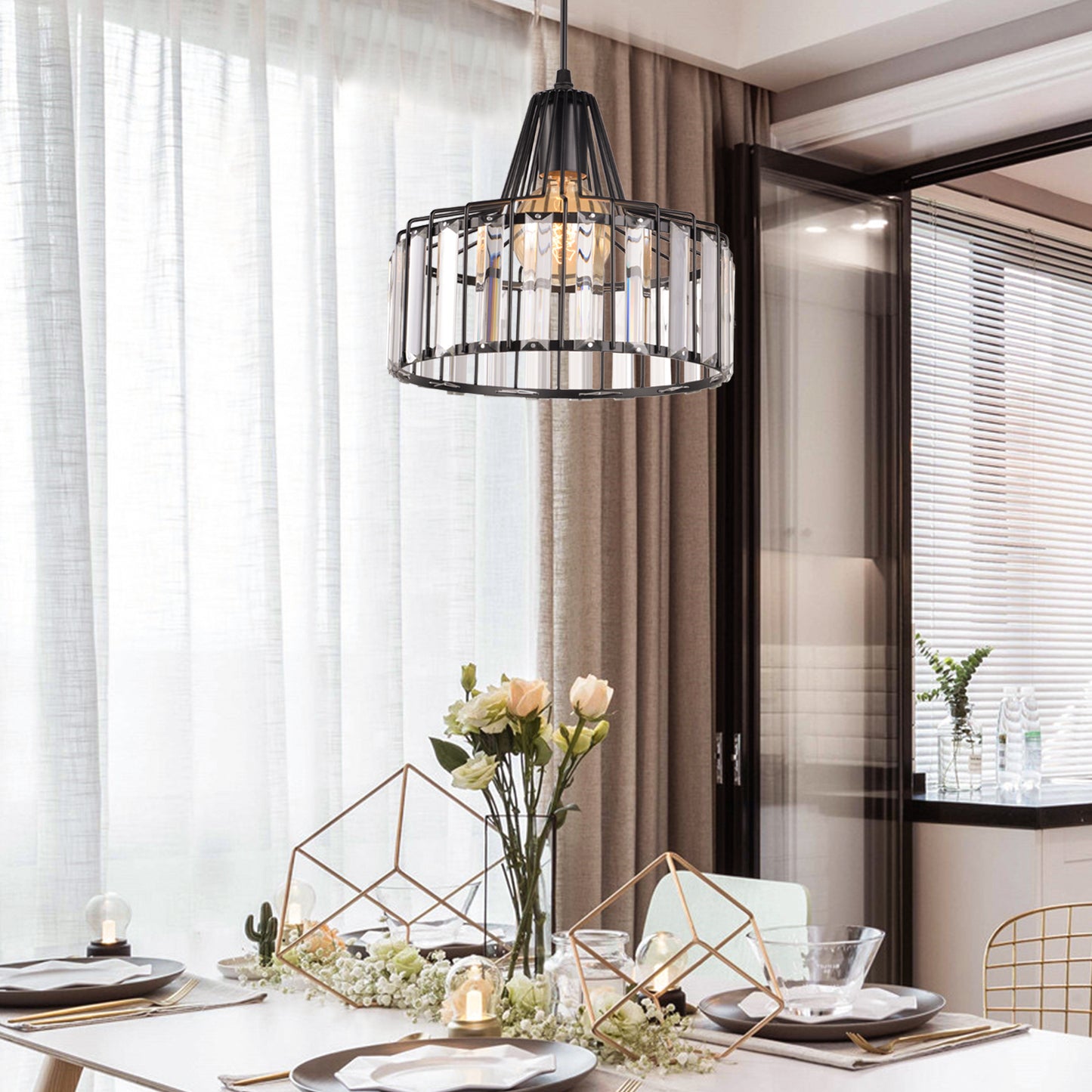 (Q)Modern Nordic Style Black Crystal Chandelier, Creative Personalized Lampshade, Suitable for Dining Rooms, Living Rooms, Kitchens