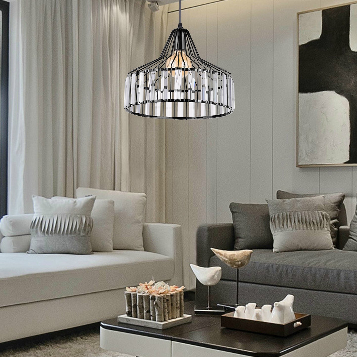 (Q)Modern Nordic Style Black Crystal Chandelier, Creative Personalized Lampshade, Suitable for Dining Rooms, Living Rooms, Kitchens