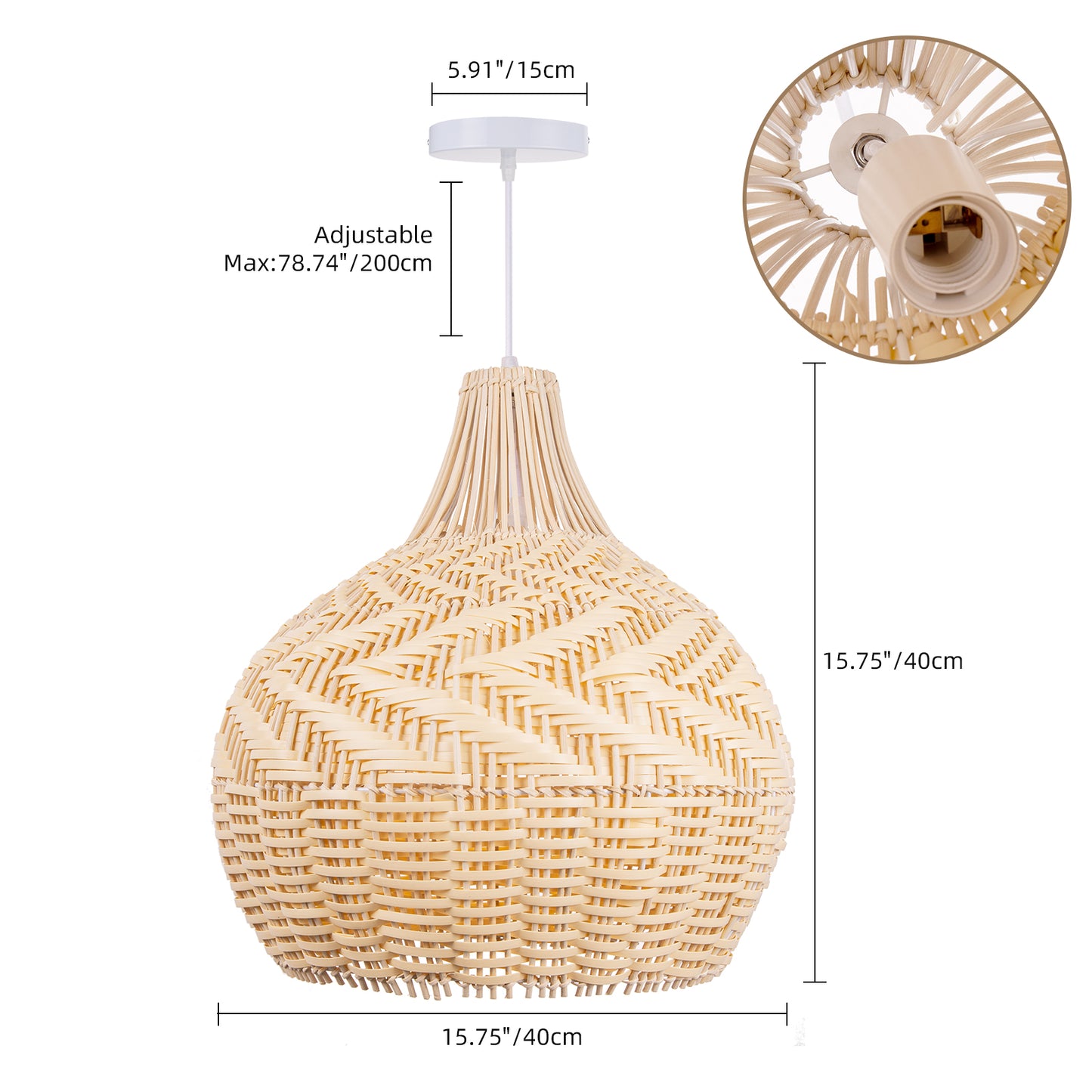 (Q)Bohemian Handmade Rattan and Bamboo Pendant Light, Retro Style Garden Pendant Light, Suitable for Dining Rooms, Living Rooms, and Farmhouses.