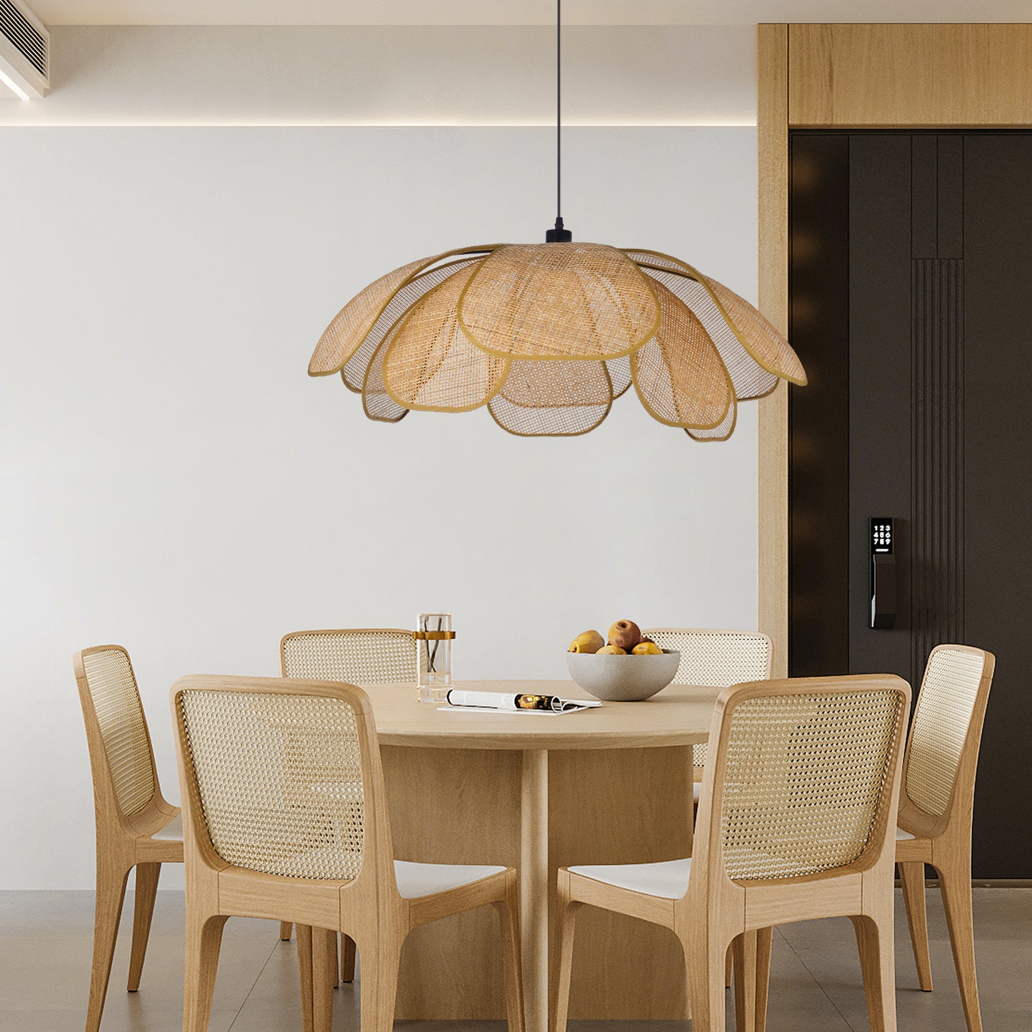(Q)23.6 Inch Hand Woven Rattan Pendant Light, Bohemian Style Rattan Pendant Light, Suitable for Kitchen Island, Living Room, Bedroom
