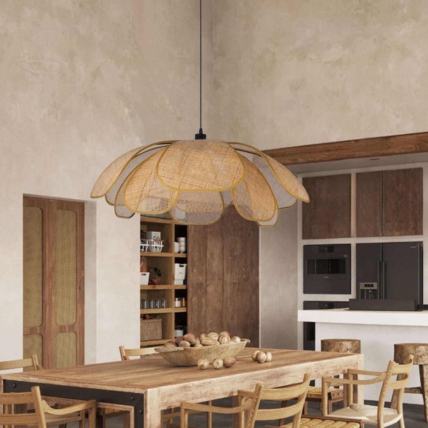 (Q)23.6 Inch Hand Woven Rattan Pendant Light, Bohemian Style Rattan Pendant Light, Suitable for Kitchen Island, Living Room, Bedroom