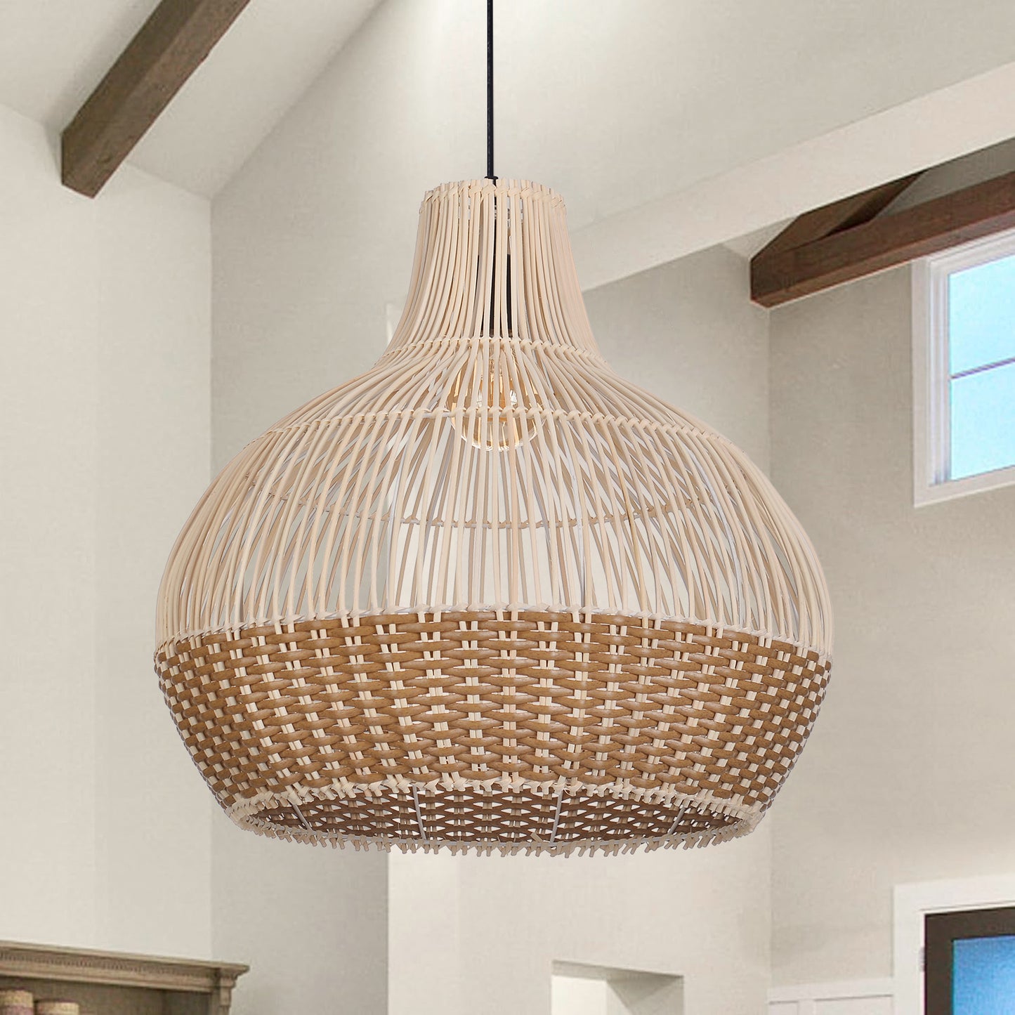 (Q)19.68 Inch Hand Woven Rattan Pendant Light, Modern Bohemian Style Rattan Pendant Light, Suitable For Various Bedrooms And Living Rooms