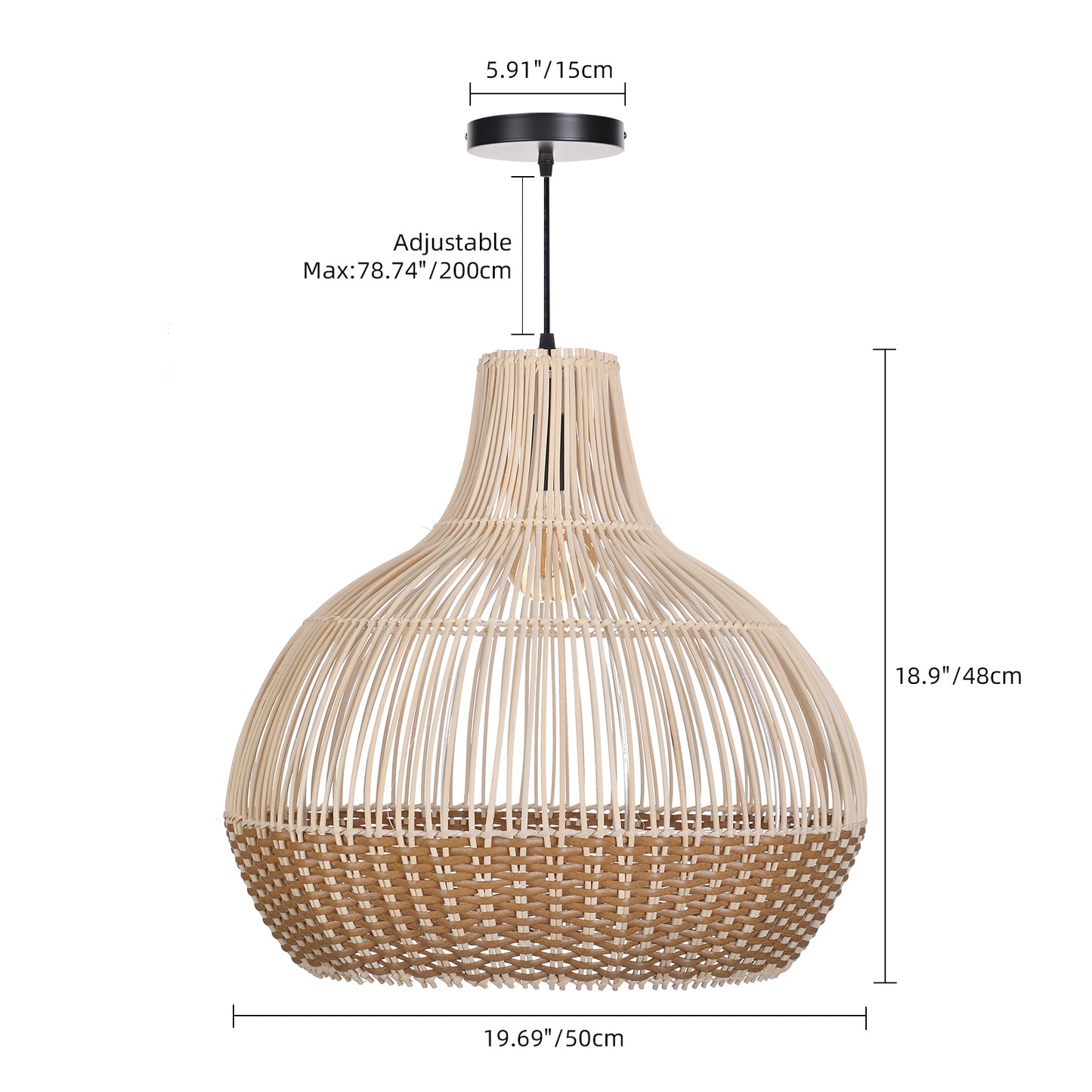 (Q)19.68 Inch Hand Woven Rattan Pendant Light, Modern Bohemian Style Rattan Pendant Light, Suitable For Various Bedrooms And Living Rooms