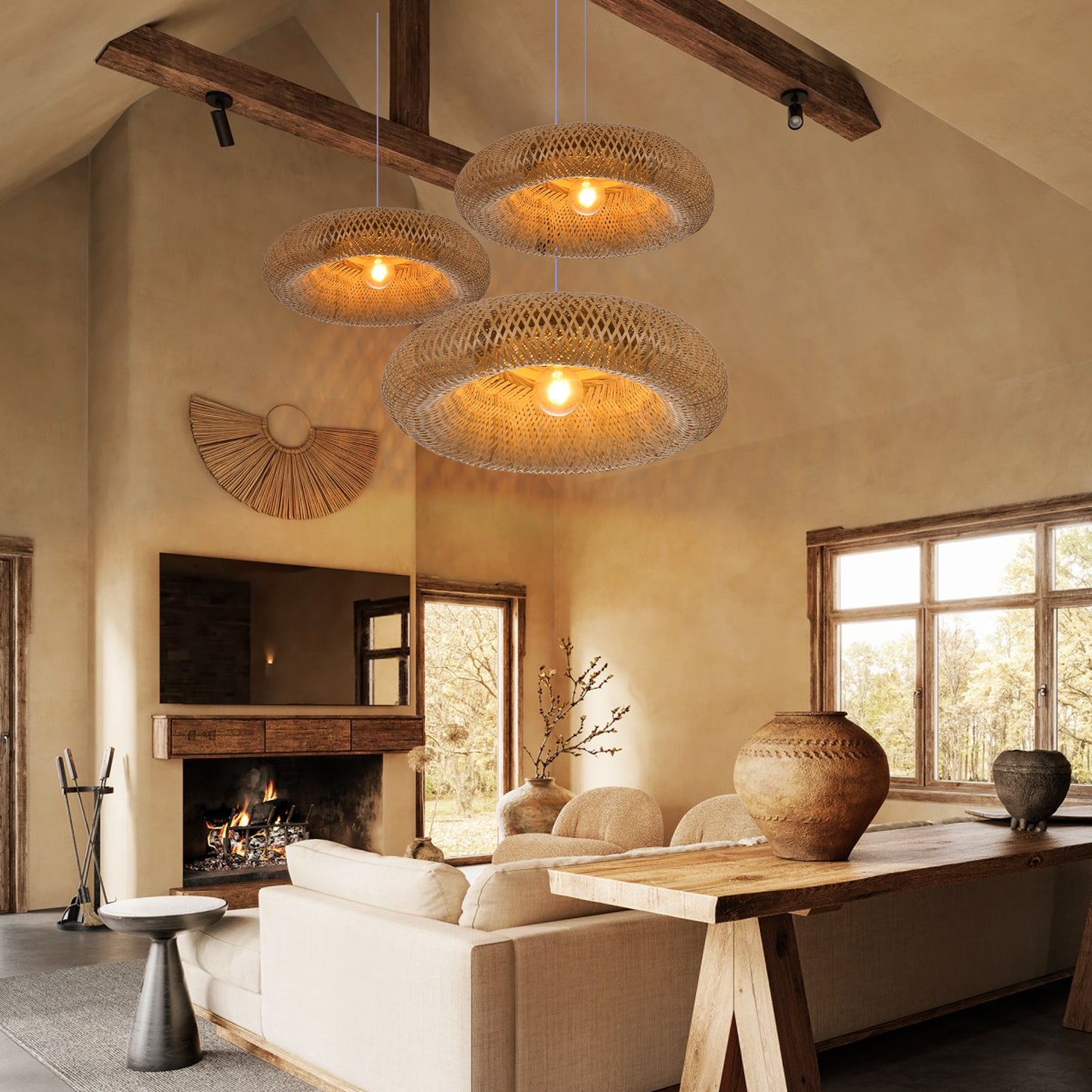 (Q) Handmade Rattan Pendant Light, Bohemian Style Rattan Pendant Light, Suitable For Bedrooms And Living Rooms