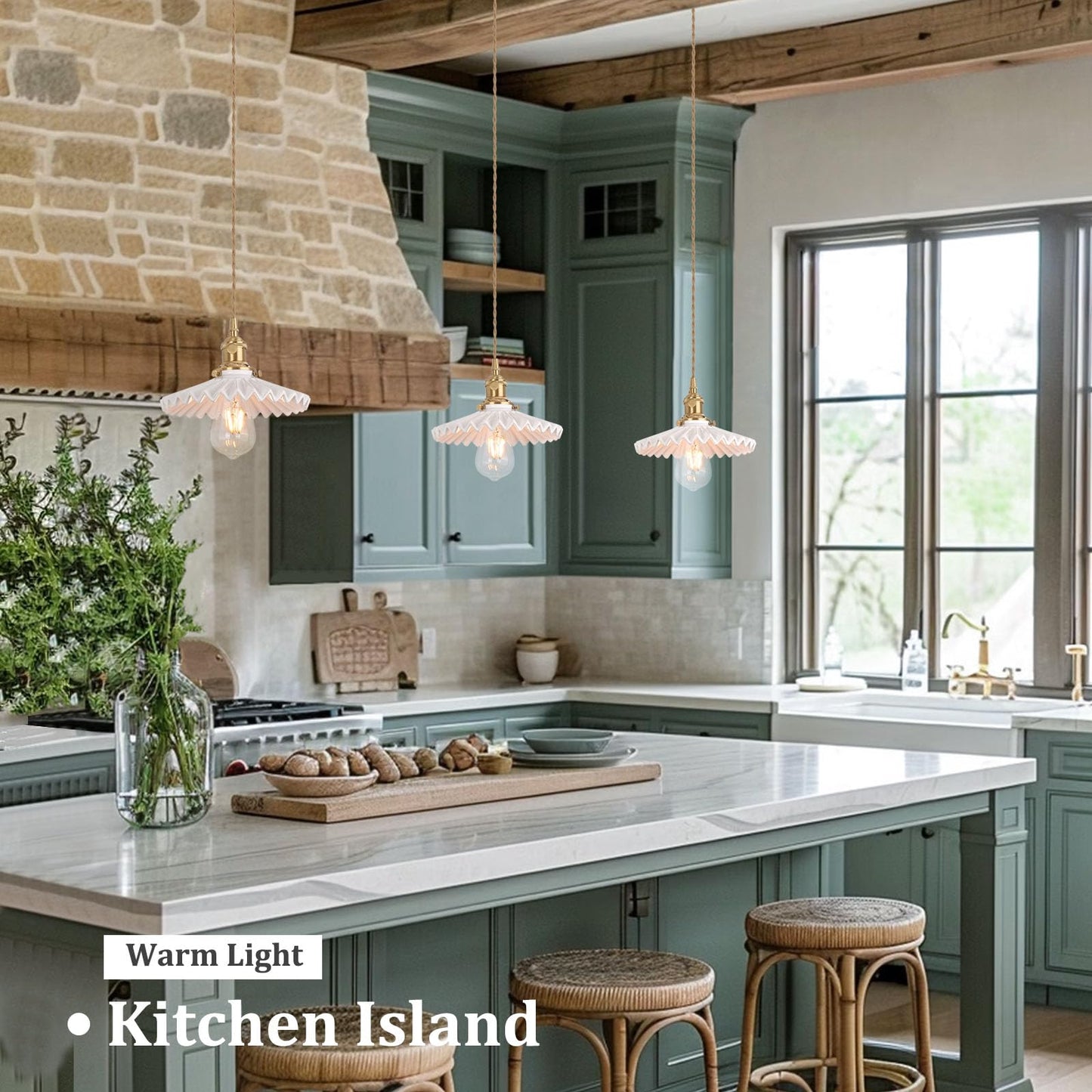 (Y)Chandelier with White Pleated Ceramic Brass Vintage Chandelier Adjustable Pendant for Kitchen Island Dining Room Hallway 7.87 Inch Diameter